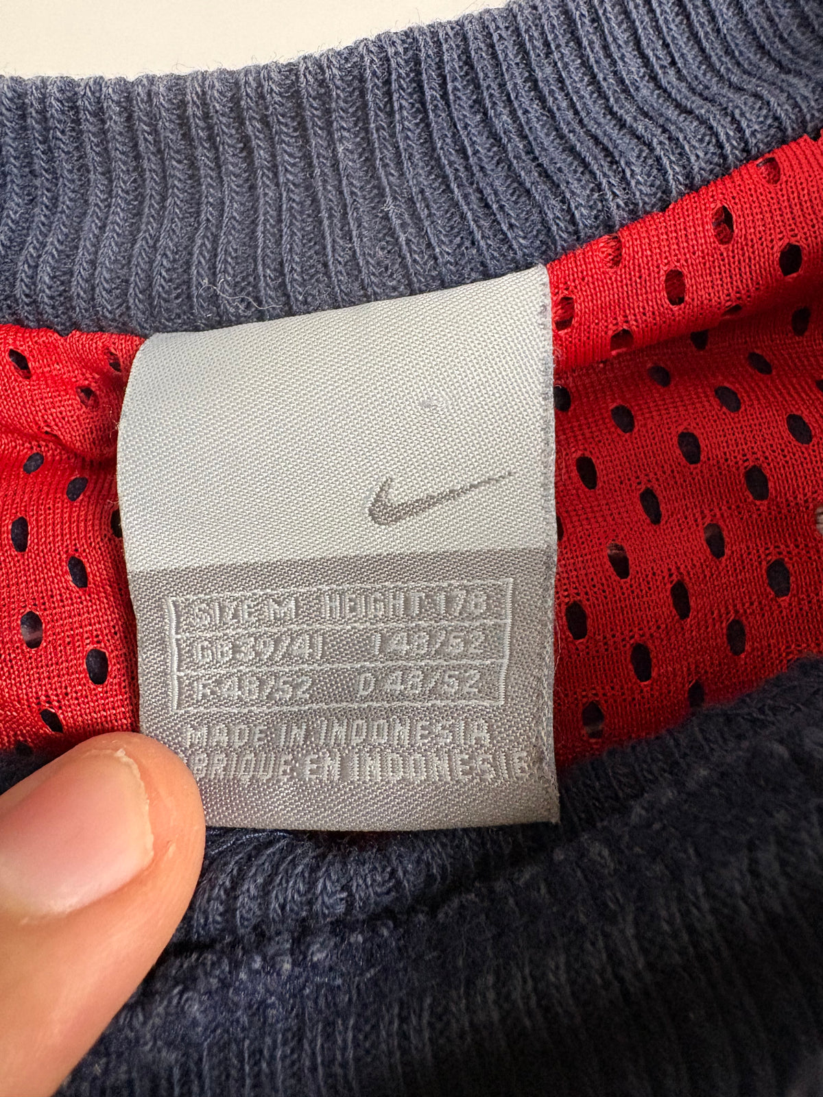 Detailaufnahme des Nike Vintage Sweaters in Navy und Rot