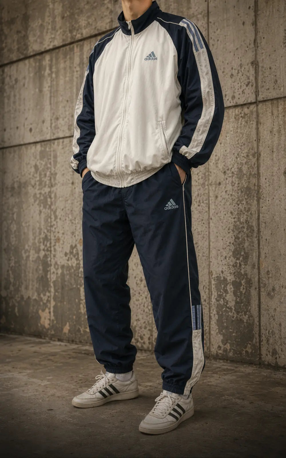 Model in einem weiß-navyfarbenen Vintage Tracksuit
