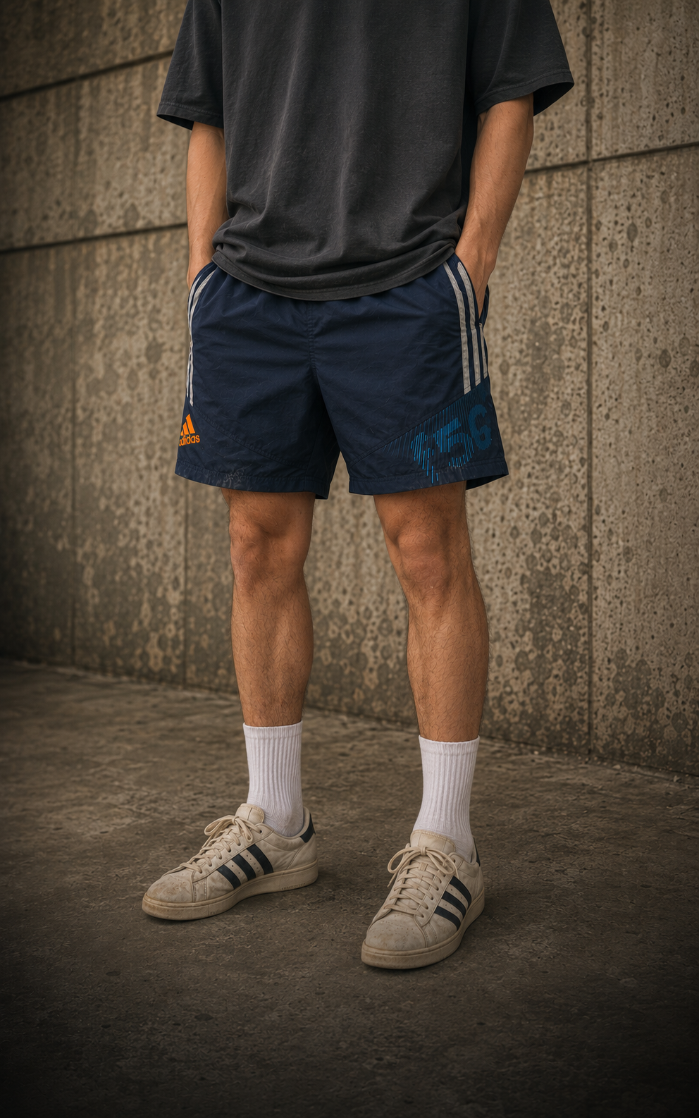 Model in dunkelblauen Vintage Shorts