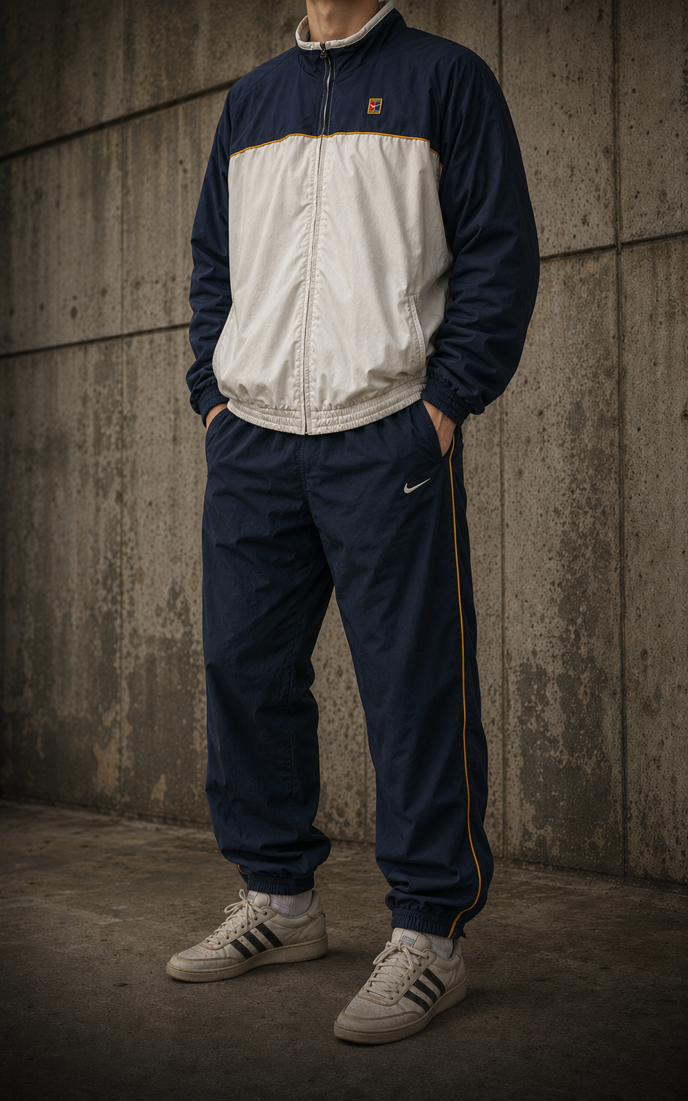 Model in einer hellen Nike Vintage Jacke mit dunkler Hose