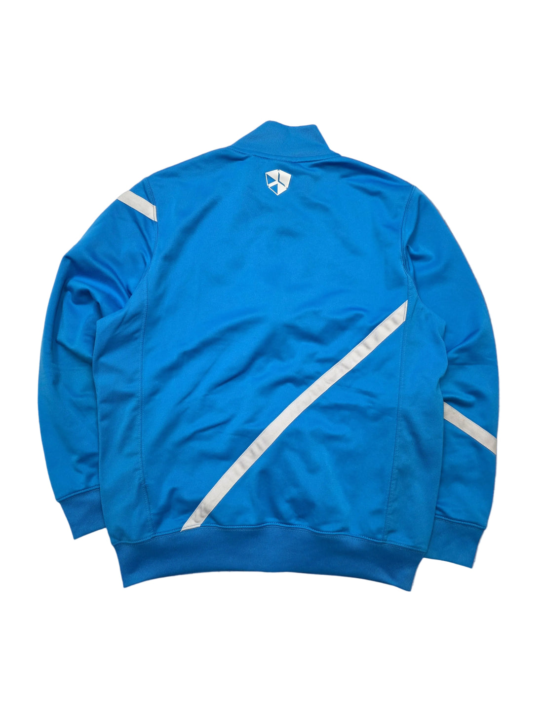 Blaue Vintage-Trackjacke mit weißen Streifen und kleinem Logo auf der Rückseite, Sportswear