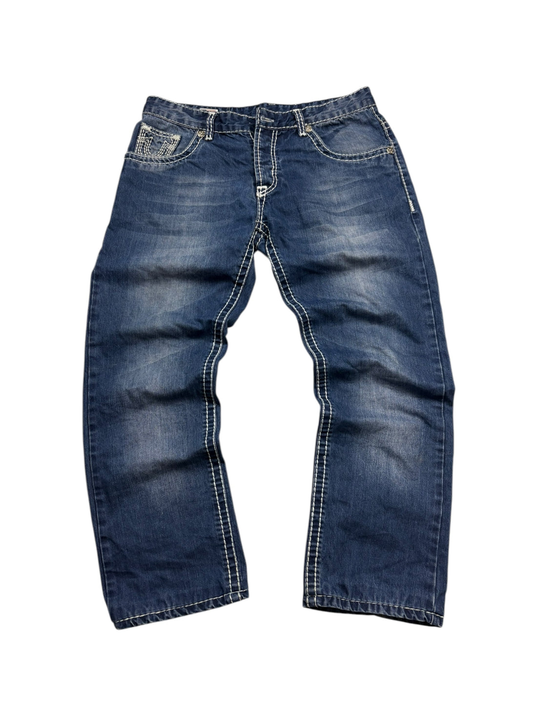 True Religion Billy Super T Jeans Größe 33 – Rückansicht mit Hufeisen-Pockets und Rückenpatch