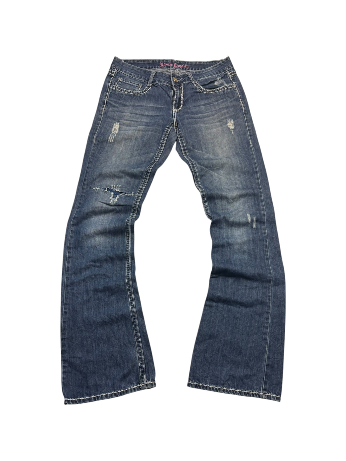 Rock Royalty Low Rise Jeans Größe 7 – Rückansicht mit cremefarbenen Appliqué-Pockets und vernieteten Flaps