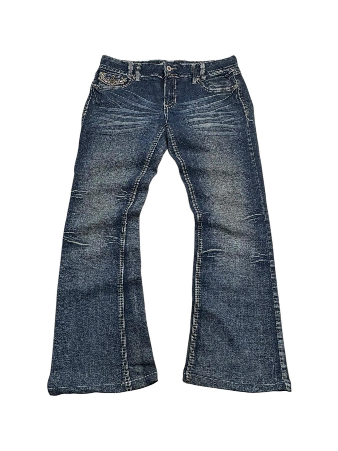 Amethyst Y2K Jeans Größe 11 – Rückansicht mit Strass-Flap-Pockets und hellem Fade-Wash