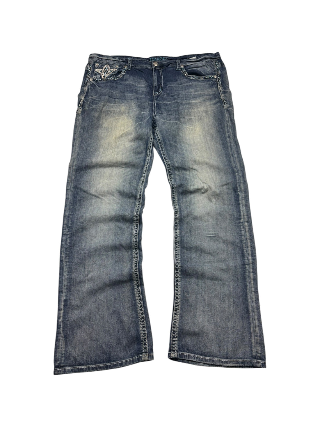 Grace LA Jeans Größe 19 – Rückansicht mit verzierten Blumen-Pockets und hellem Used Wash