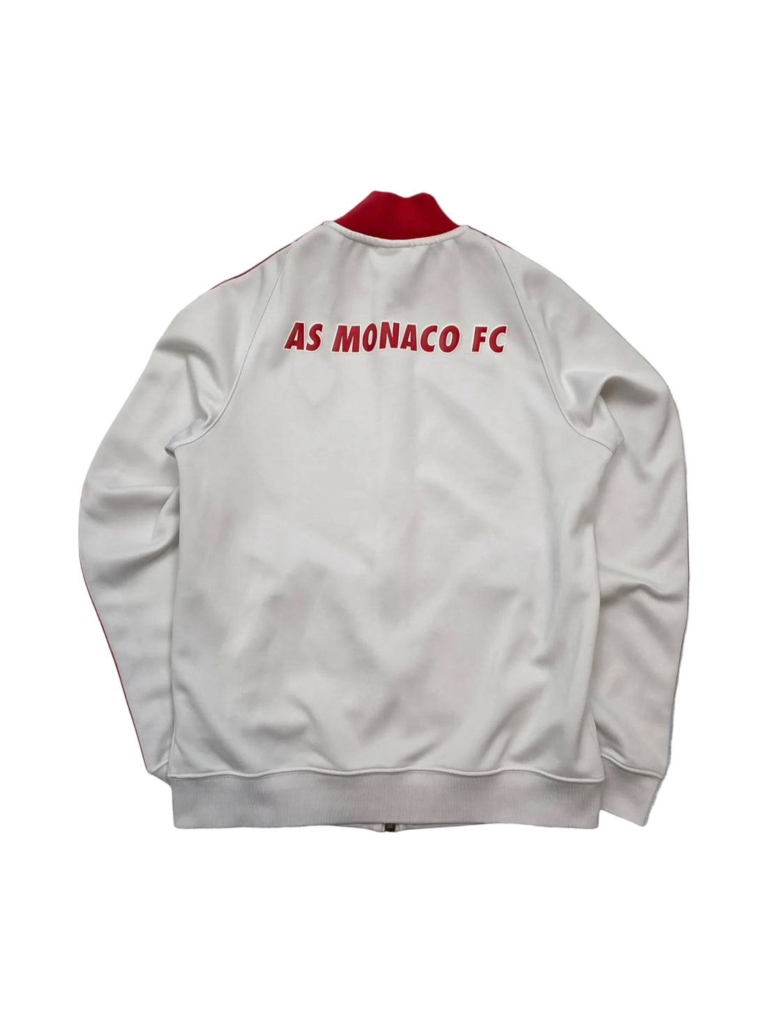 Vintage AS Monaco FC Trackjacke weiß mit rotem Kragen und Rückenaufdruck auf grauem Hintergrund
