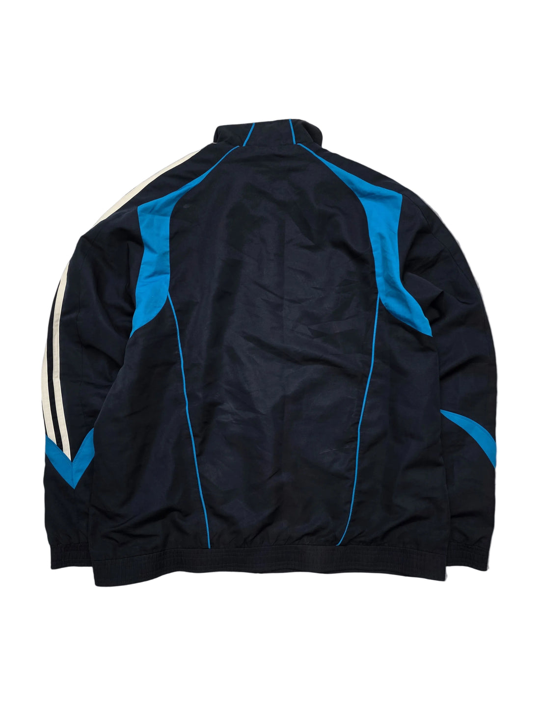 Vintage Trackjacke in Schwarz mit blauen Akzenten und weißen Streifen, Rückansicht, Retro-Sportswear