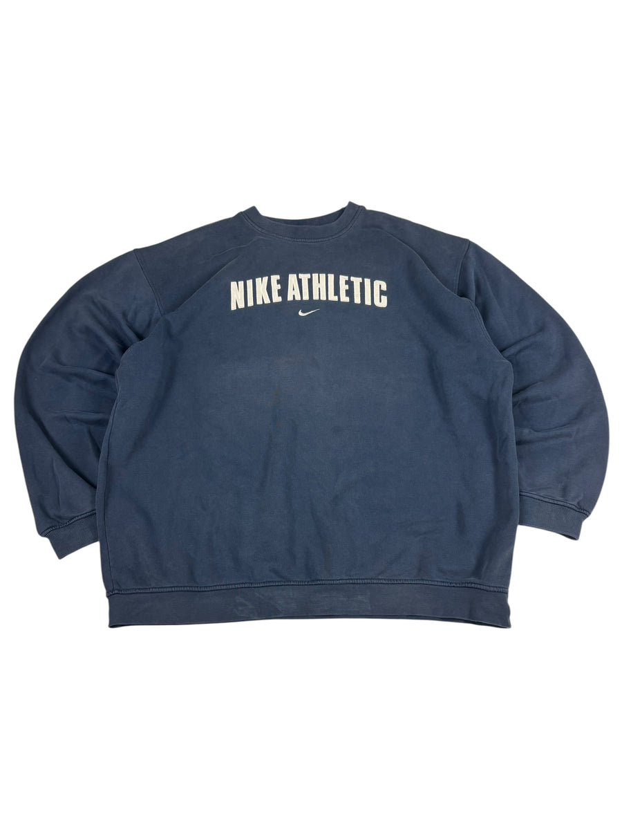 Marineblaues Nike-Athletic-Sweatshirt von vorn mit gesticktem Bogen-Schriftzug, Swoosh, Raglanärmeln und Rippbündchen