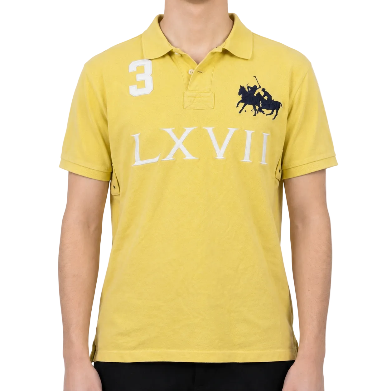 Polo Ralph Lauren Vintage Poloshirt Gelb mit Big Pony & LXVII Schriftzug – Größe L