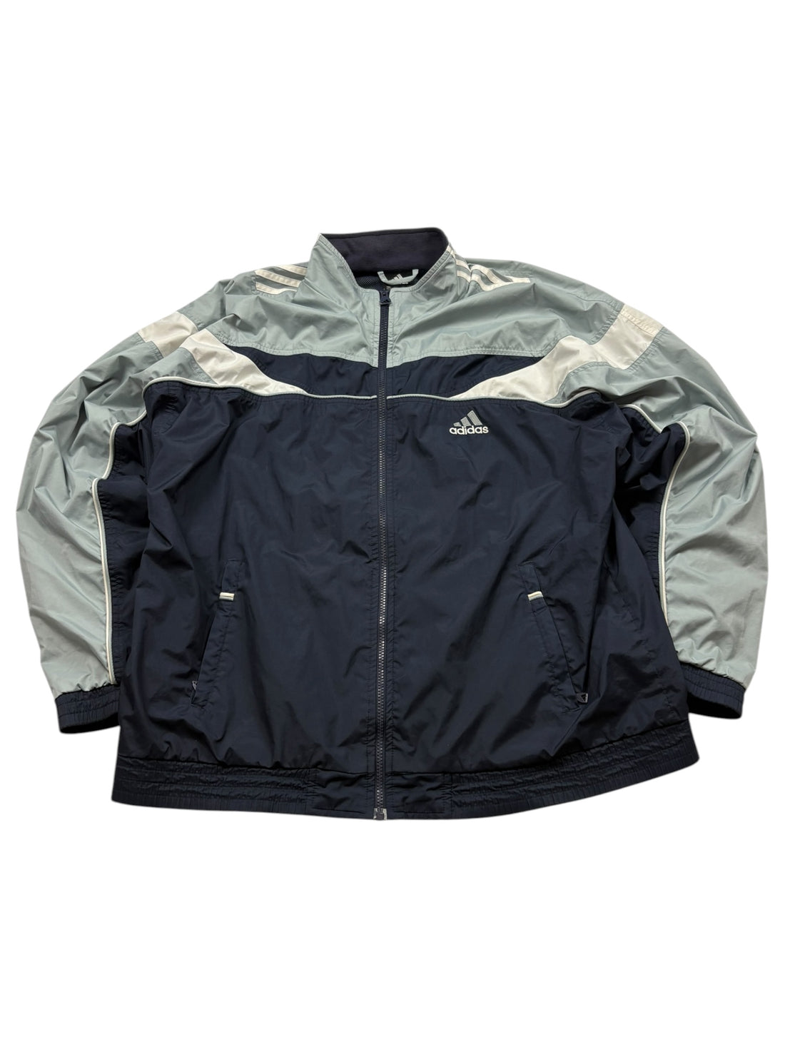 Adidas Tracksuit Navy/Grau Größe XL – Gesamtansicht mit Zip-Jacke, Hose und hellen Kontrastbahnen