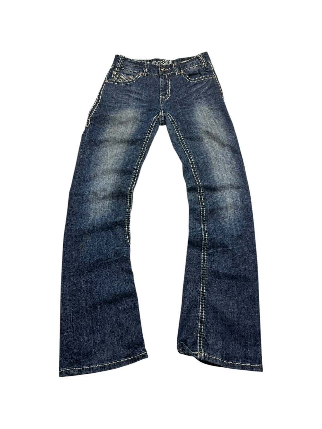 Rock & Roll Mid Rise Jeans Blau 26x32 – Rückansicht mit bestickten Gesäßtaschen und Fade-Optik