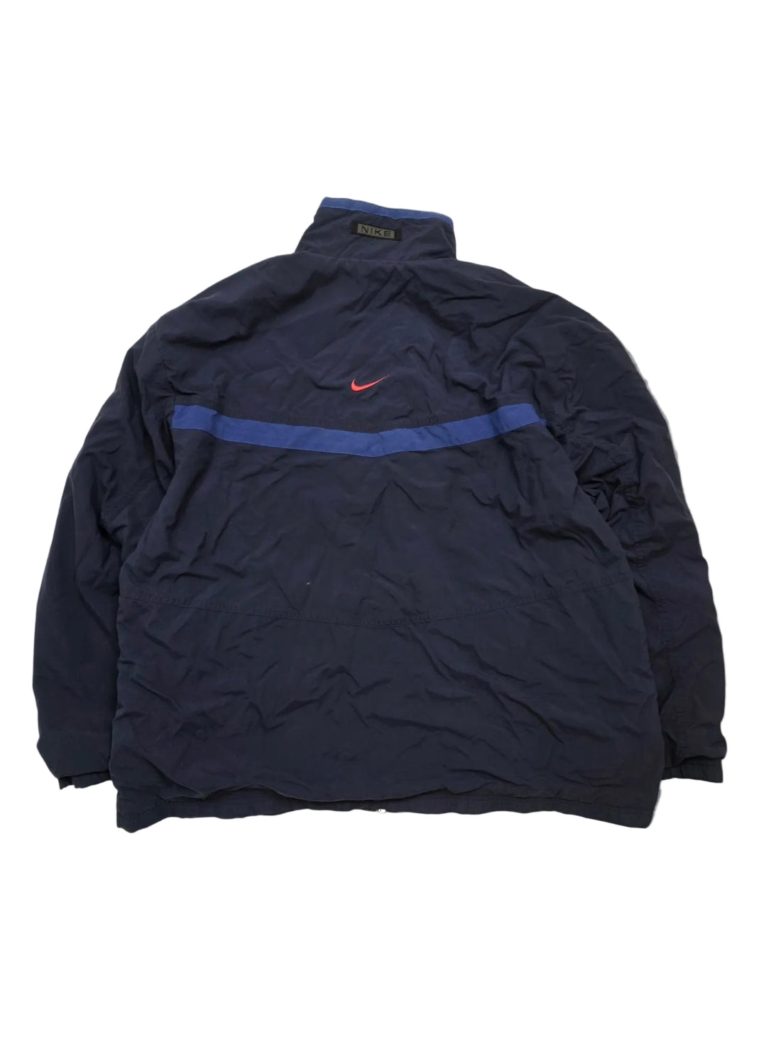 Vintage Nike Trackjacke dunkelblau mit blauem Streifen und rotem Swoosh auf dem Rücken