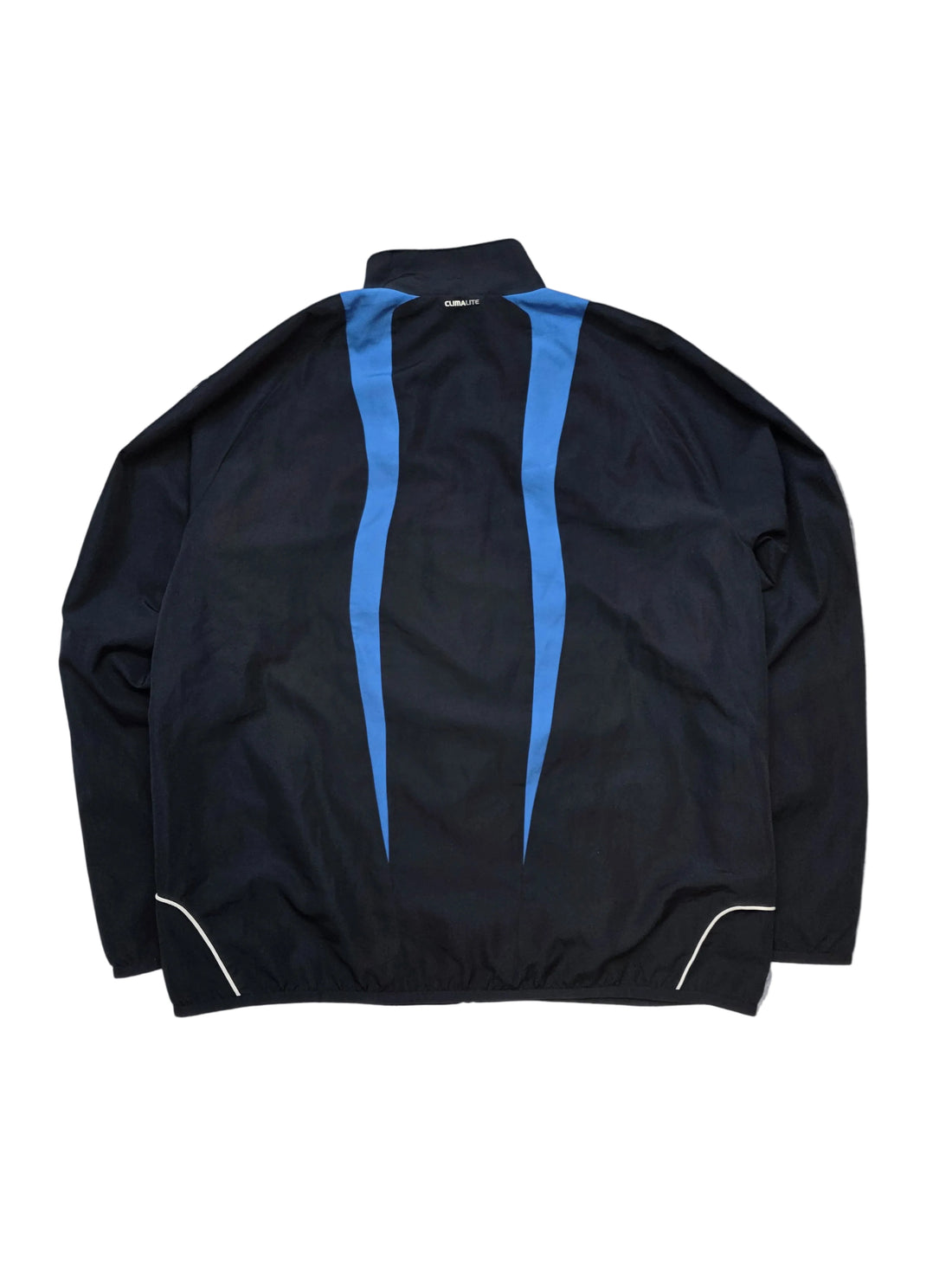 Vintage schwarze Trackjacke mit blauen Streifen hinten, Retro-Sportswear, CumaLite-Logo