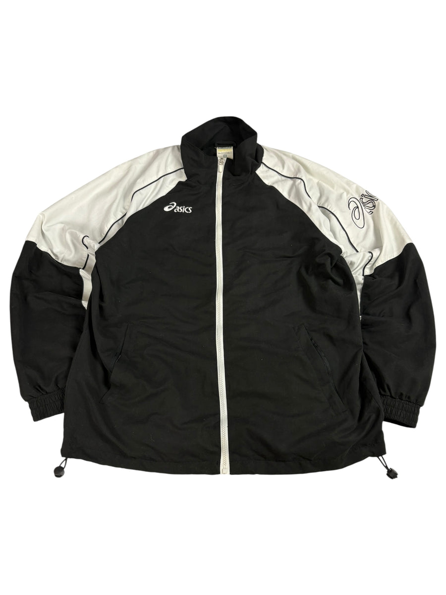Asics Big Logo Vintage Trackjacket in Schwarz und Weiß in vollständiger Vorderansicht