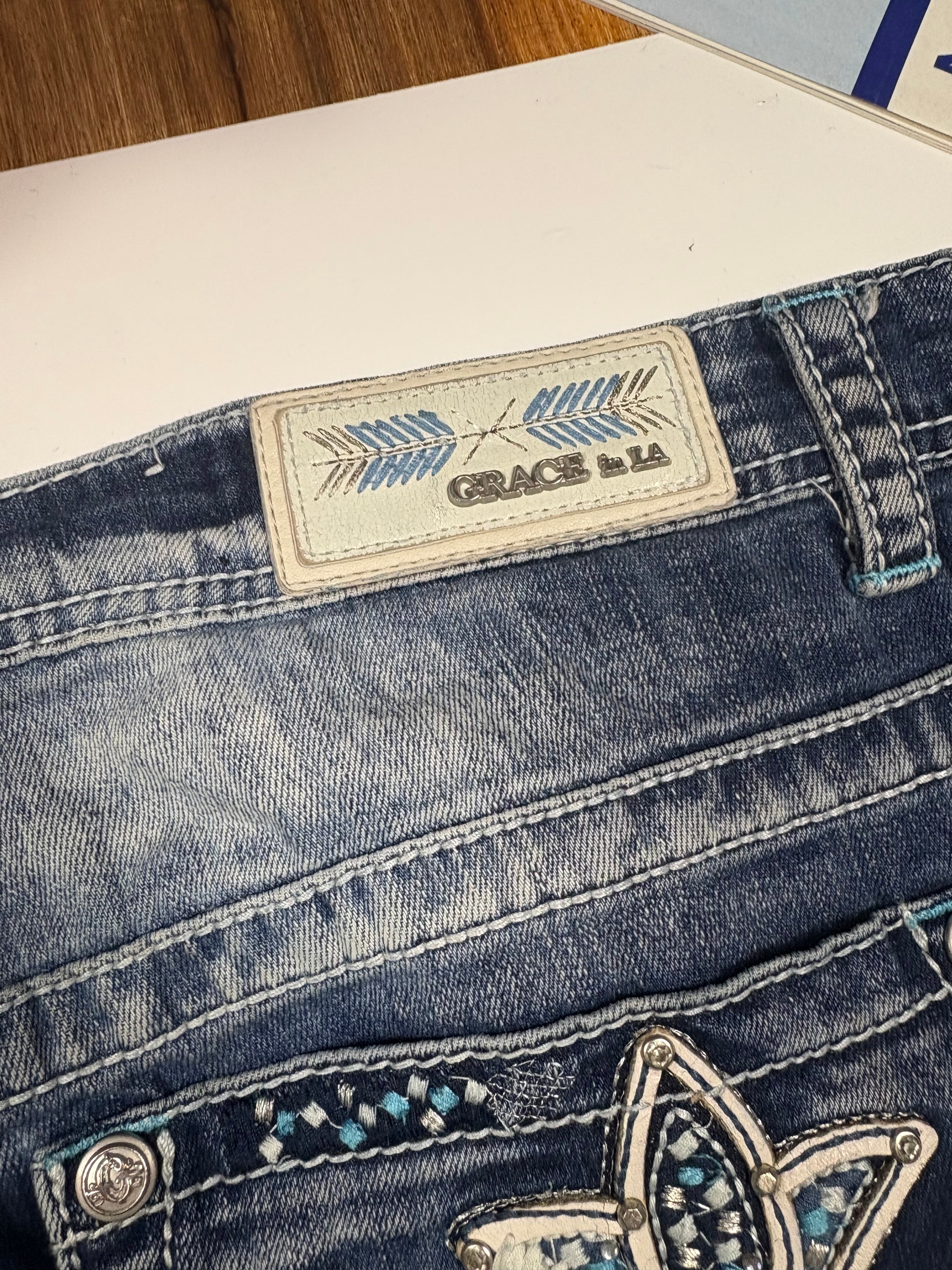 Grace LA Blumen-Pocket Vintage Jeans – Blau (19)