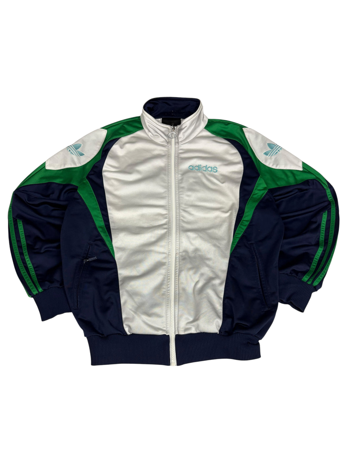 Adidas Trefoil 90s Vintage Trackjacket in Weiß Navy und Grün in vollständiger Vorderansicht