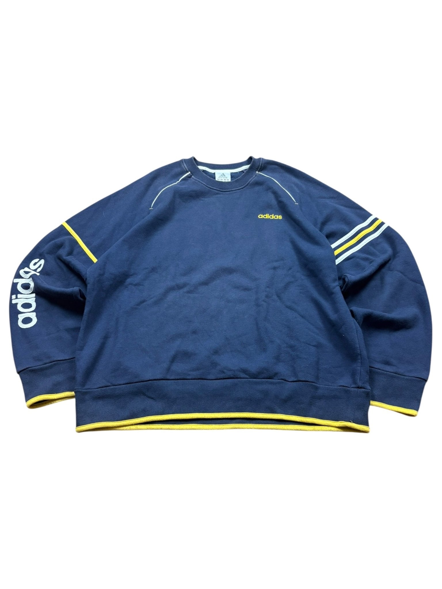 Navy-gelber Adidas 90s Big Logo Vintage Sweater in Größe XL, Vorderansicht