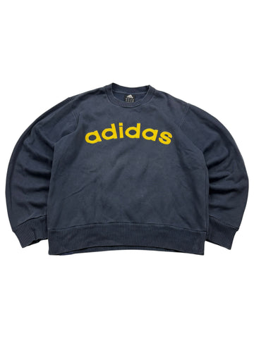 Adidas Big Logo 90er Vintage Sweater Navy Größe M Frontansicht mit gelbem Schriftzug