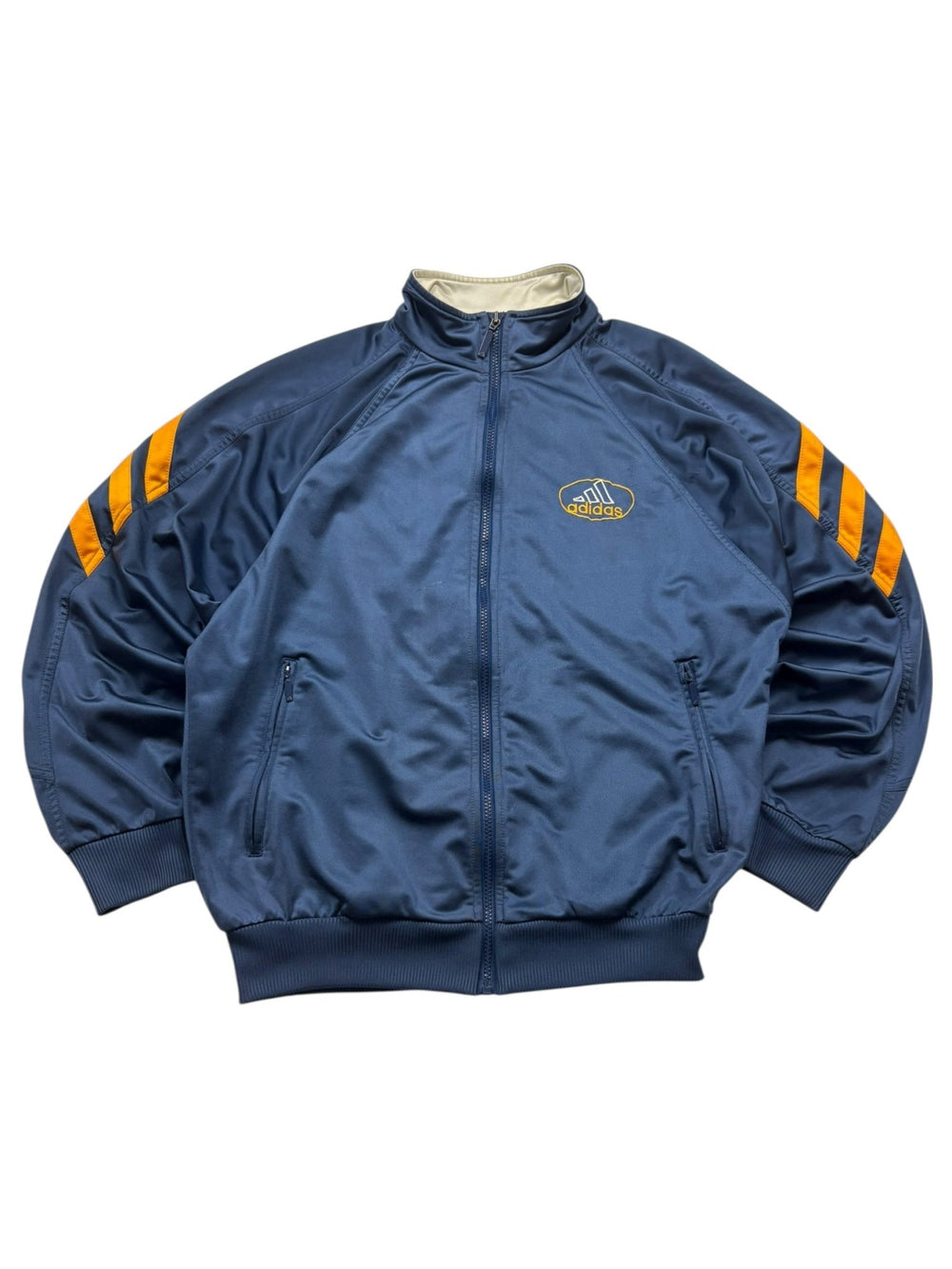 Navyfarbene Adidas Big Logo Vintage Trackjacket mit orangefarbenen Three Stripes, Vorderansicht