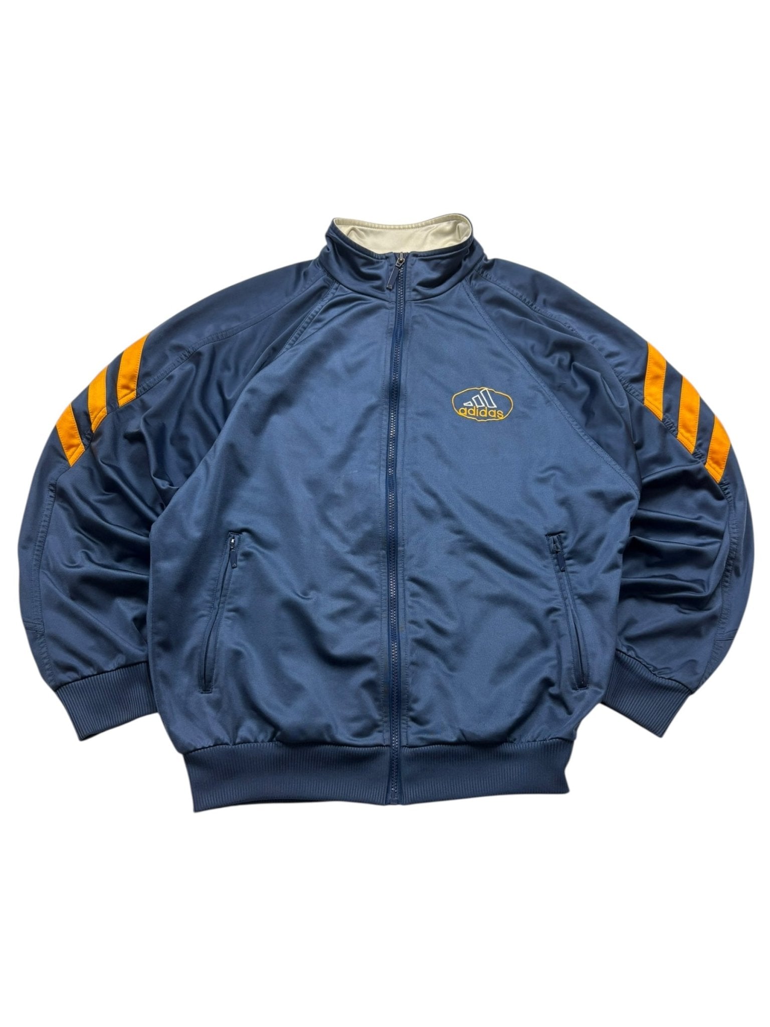 Navyfarbene Adidas Big Logo Vintage Trackjacket mit orangefarbenen Three Stripes, Vorderansicht