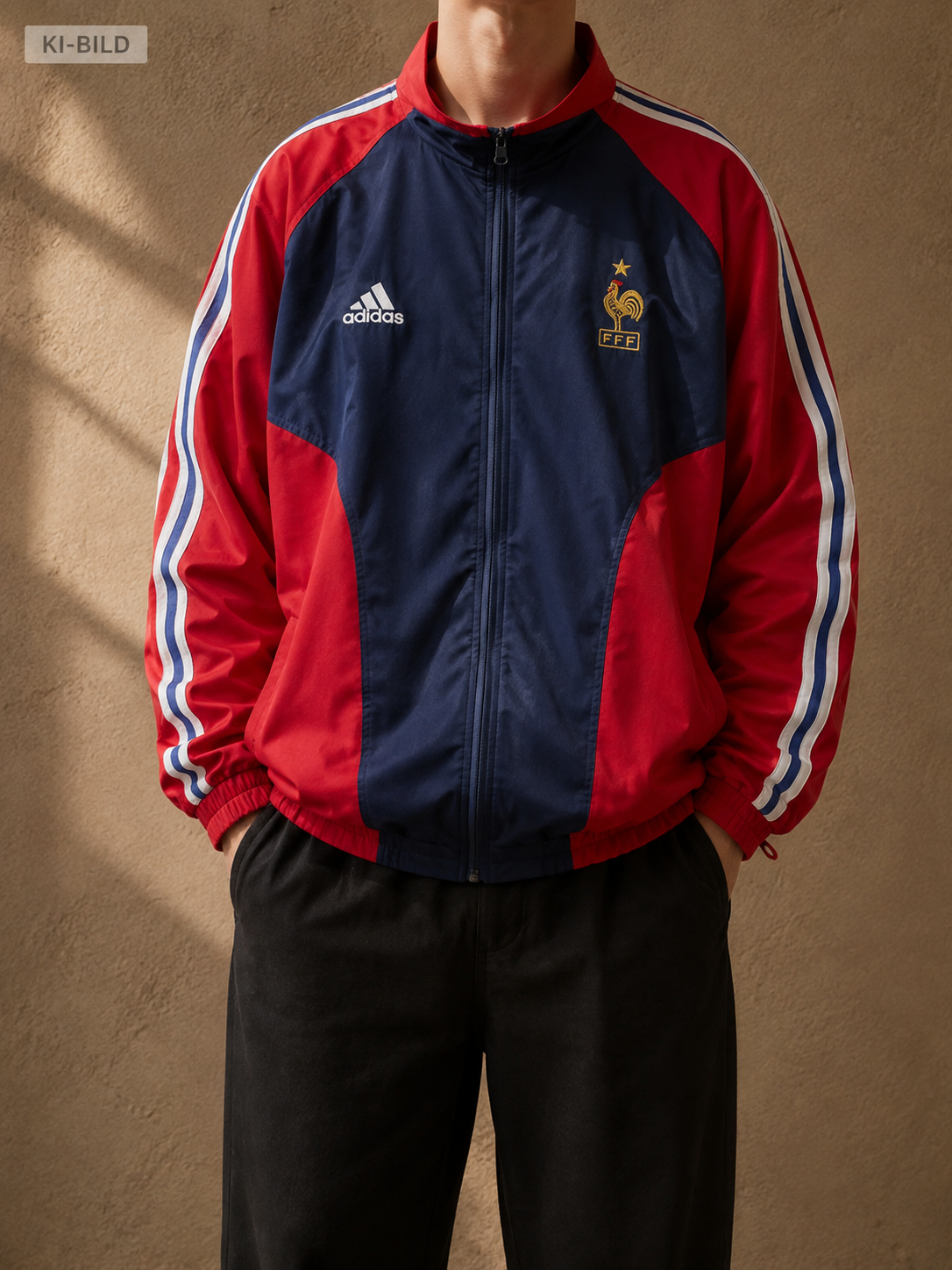 KI-generiertes Tragebild der Adidas Frankreich FFF Vintage Trackjacket in Rot und Navy