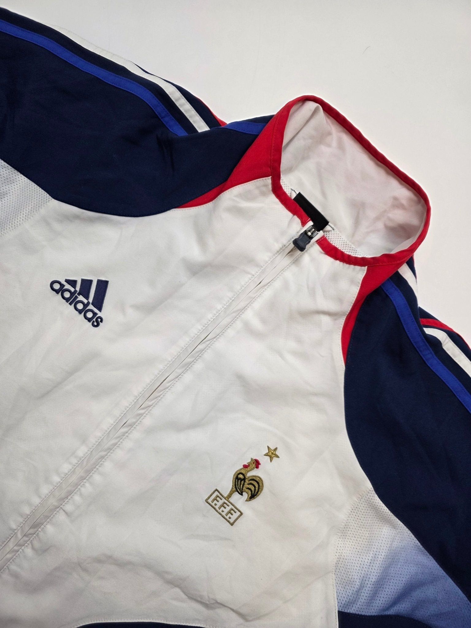 Adidas Frankreich Vintage Trainingsjacke – Weiß/Navy, FFF - Wappen (M) - PKeyVintage