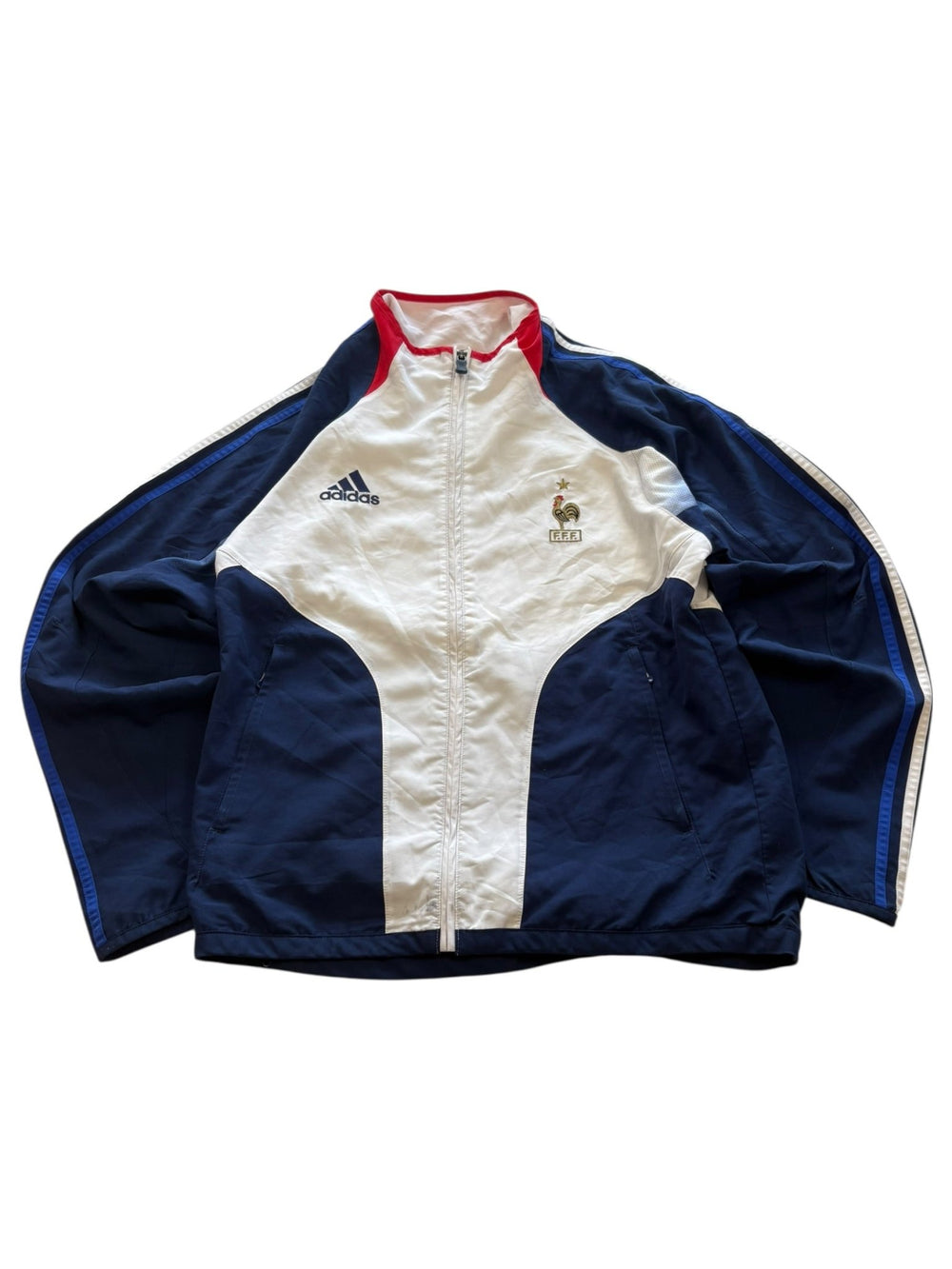 Adidas Frankreich Vintage Trainingsjacke – Weiß/Navy, FFF - Wappen (M) - PKeyVintage