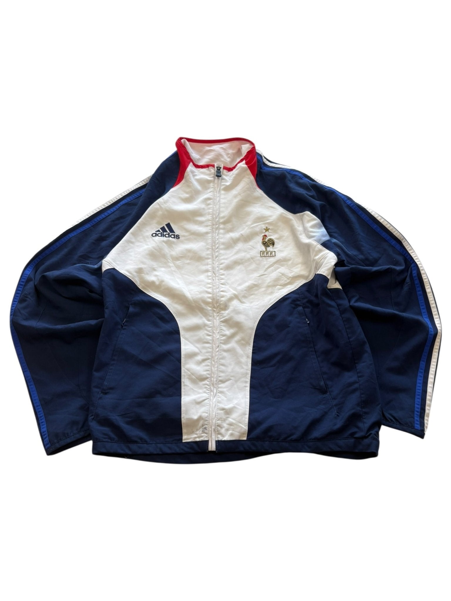 Adidas Frankreich Vintage Trainingsjacke – Weiß/Navy, FFF - Wappen (M) - PKeyVintage