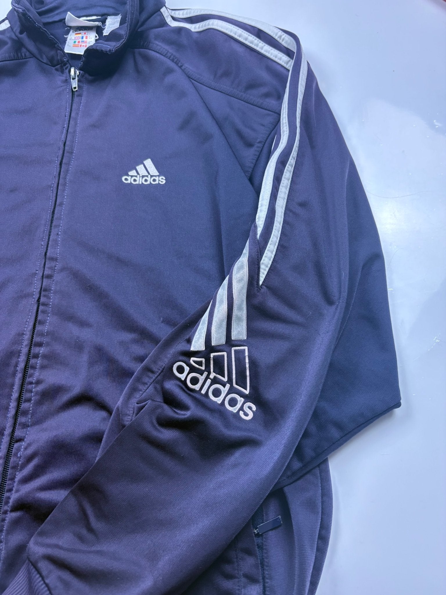Adidas Sleeve Logo Vintage Trackjacket – Navy/Silber (M) - PKeyVintage