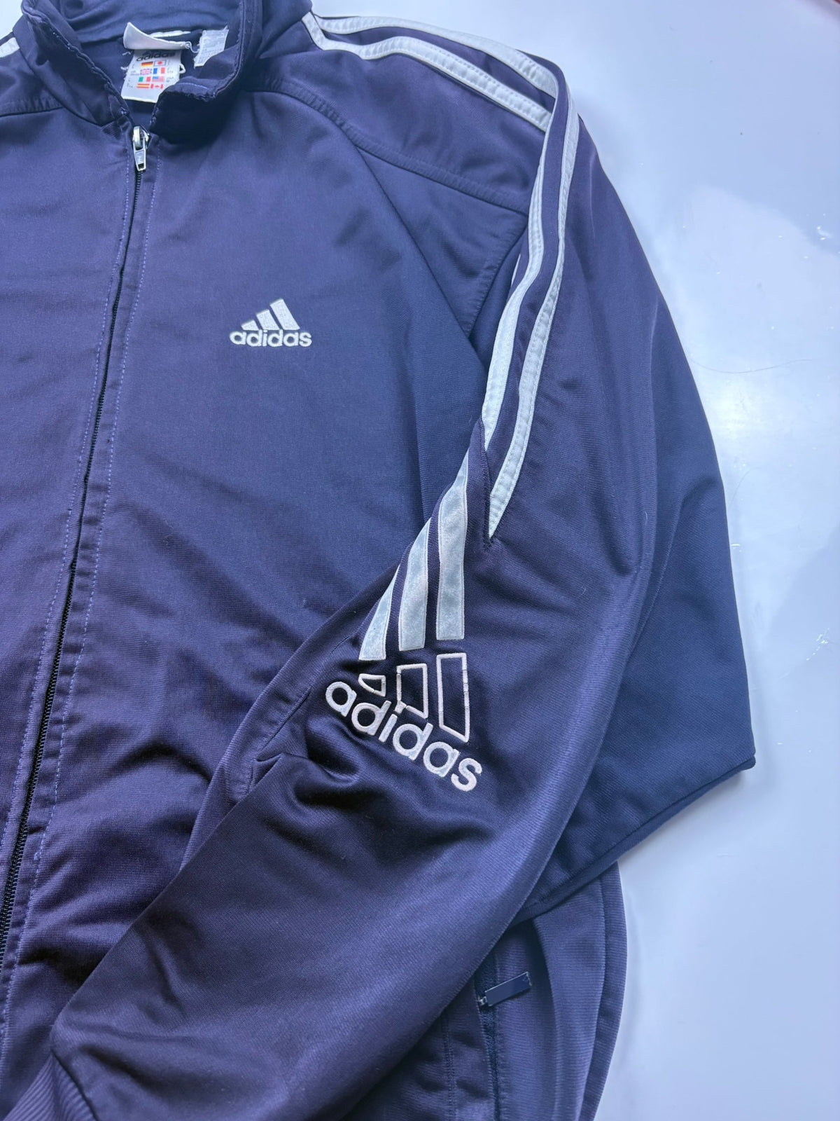 Adidas Sleeve Logo Vintage Trackjacket – Navy/Silber (M) - PKeyVintage