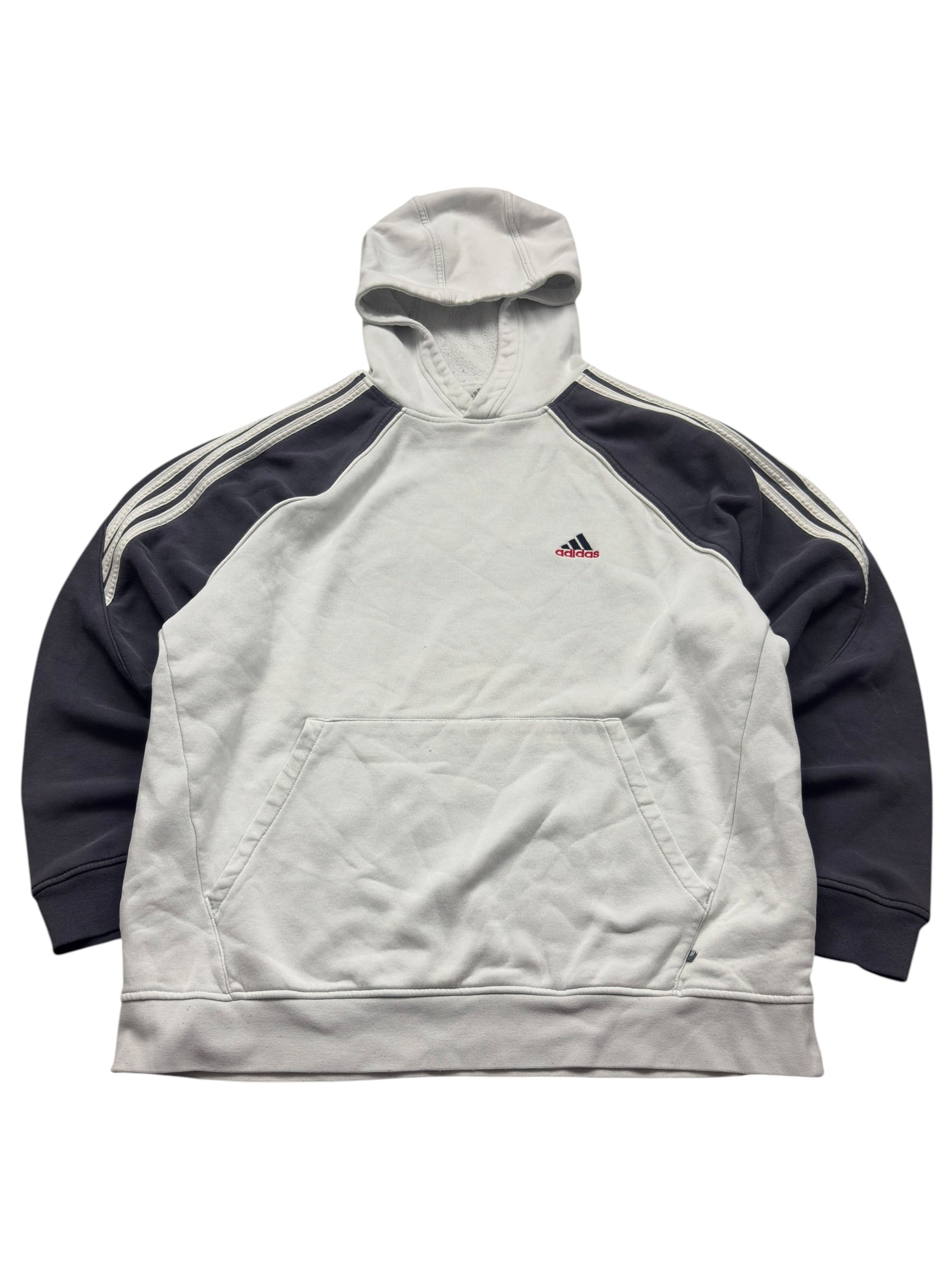 Grau-navyfarbener Adidas Three Stripes Vintage Hoodie in Größe L, Vorderansicht
