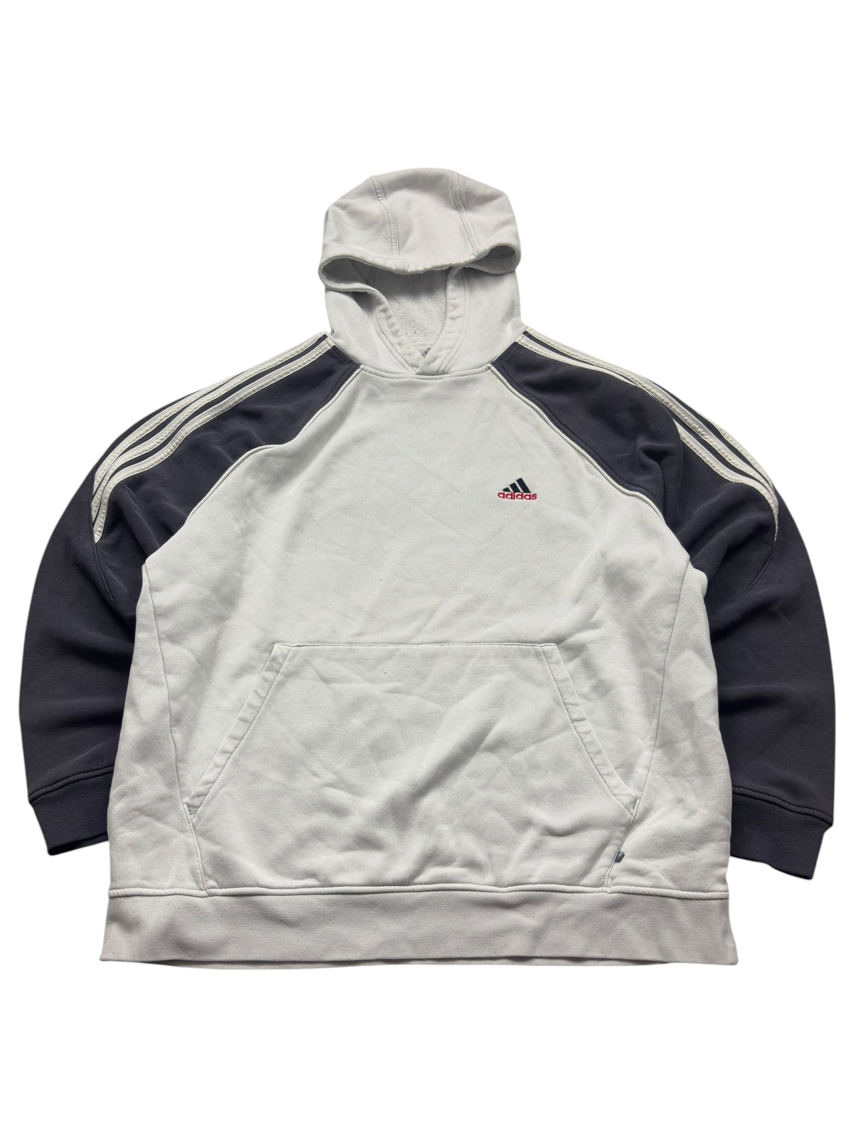 Grau-navyfarbener Adidas Three Stripes Vintage Hoodie in Größe L, Vorderansicht