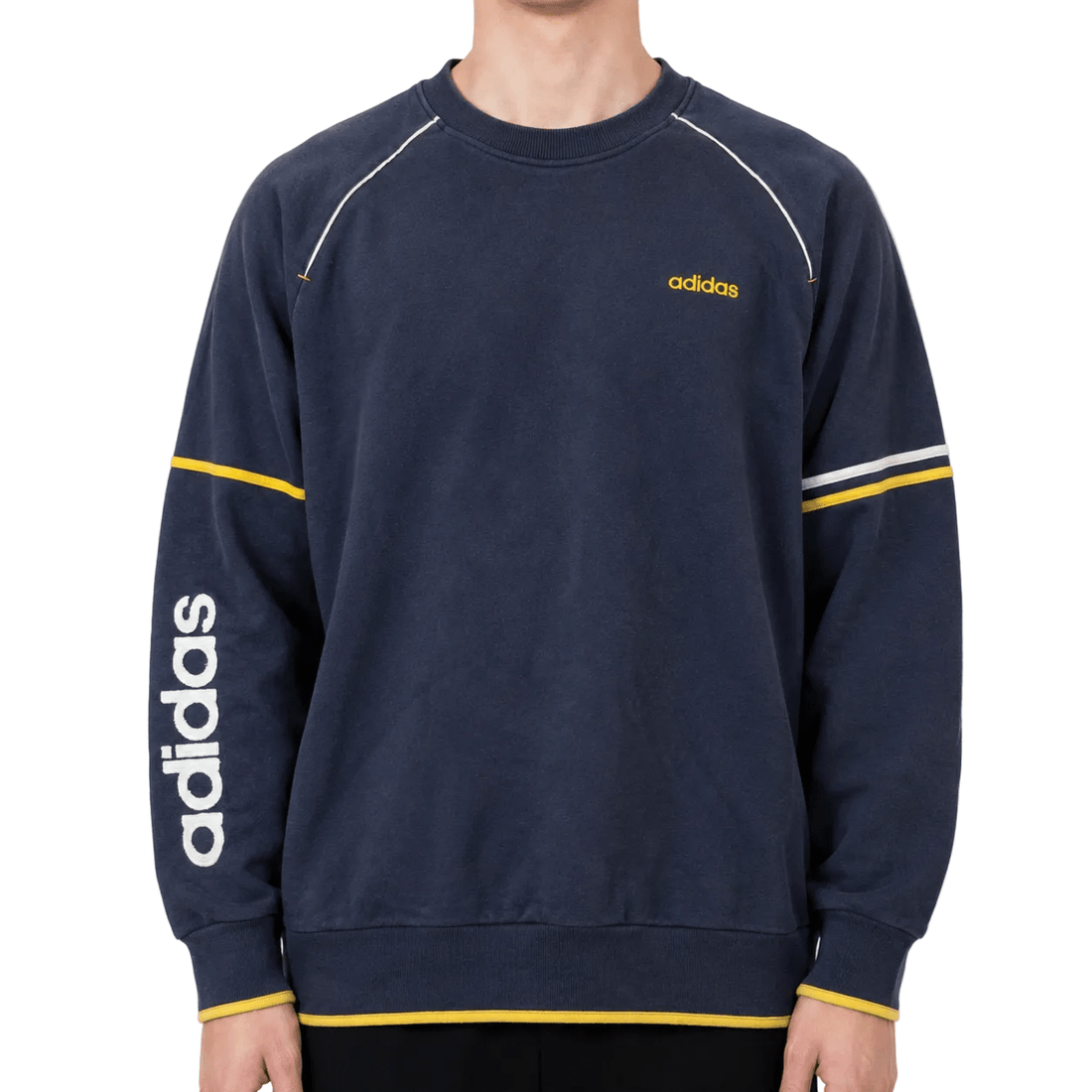 Adidas Vintage 90s Sweater Navy – Gelbes Ärmel-Logo (XL) - PKeyVintage