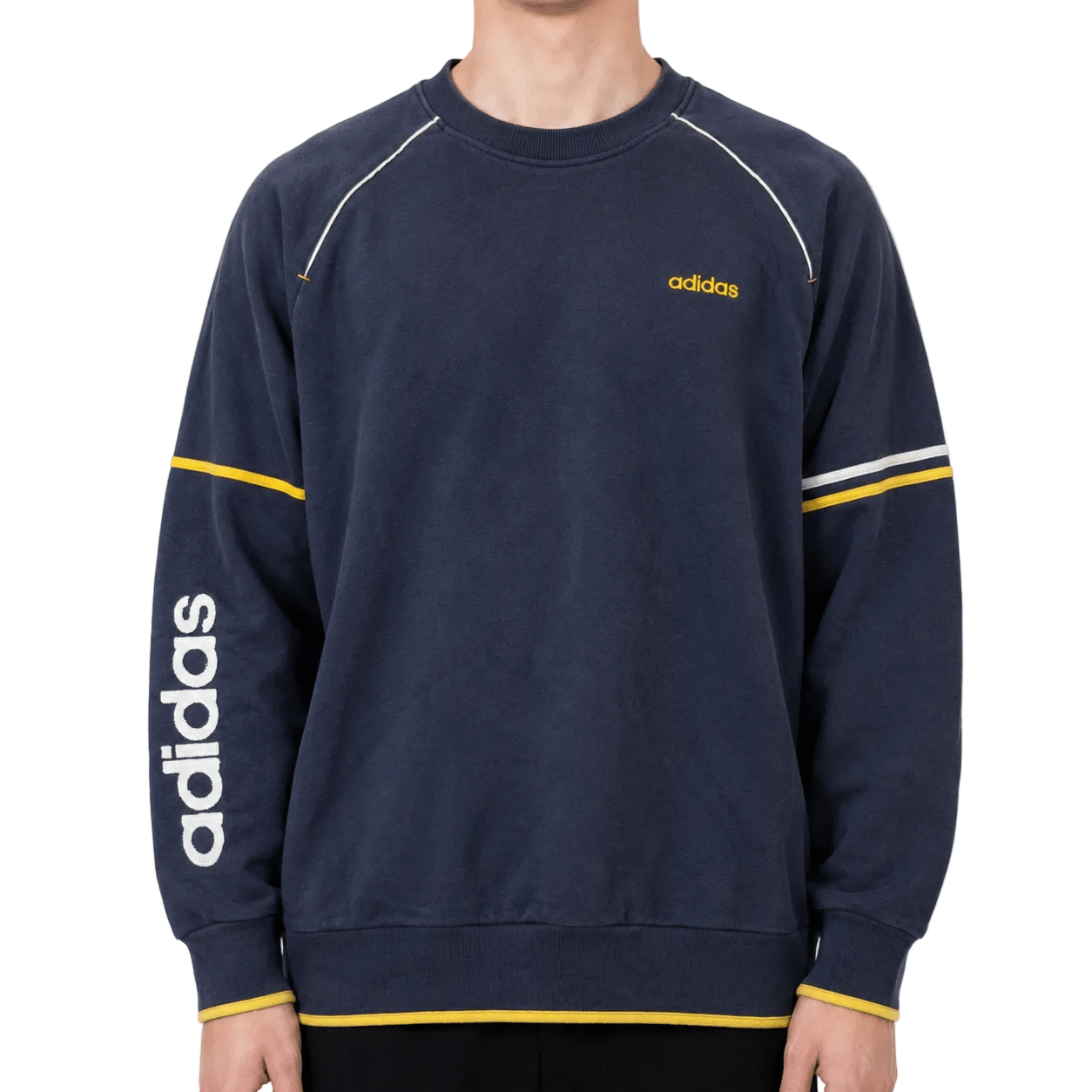 Adidas Vintage 90s Sweater Navy – Gelbes Ärmel-Logo (XL) - PKeyVintage