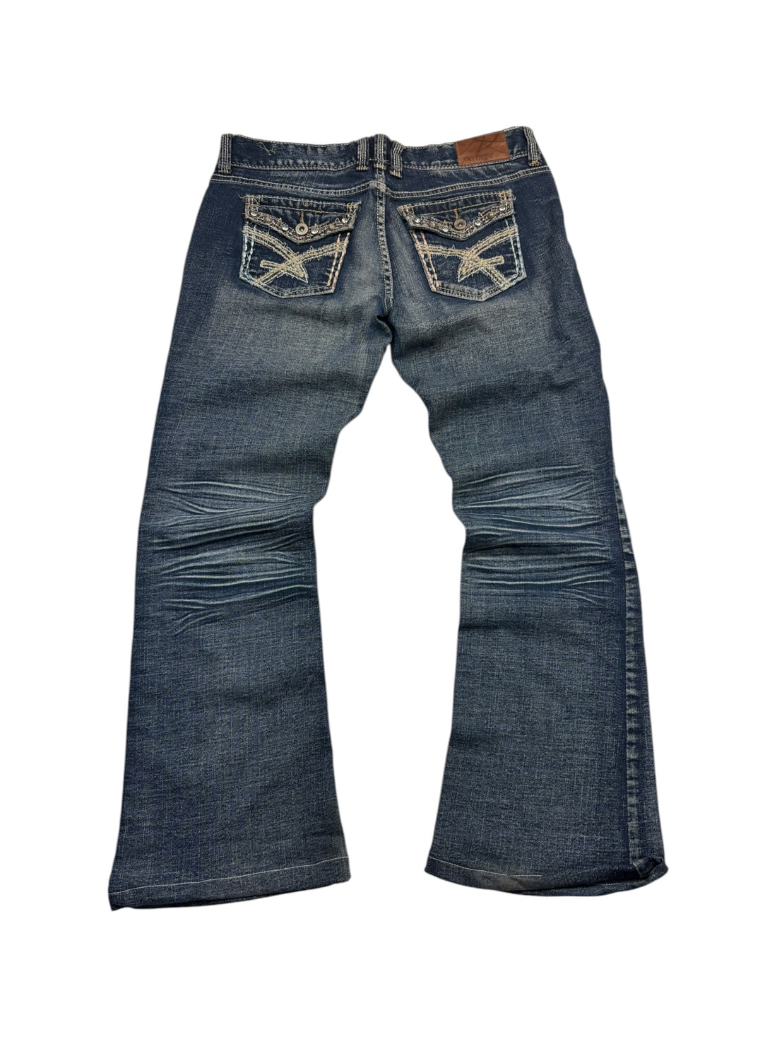 Amethyst Y2K Jeans Größe 11 – Rückansicht mit Strass-Flap-Pockets und hellem Fade-Wash