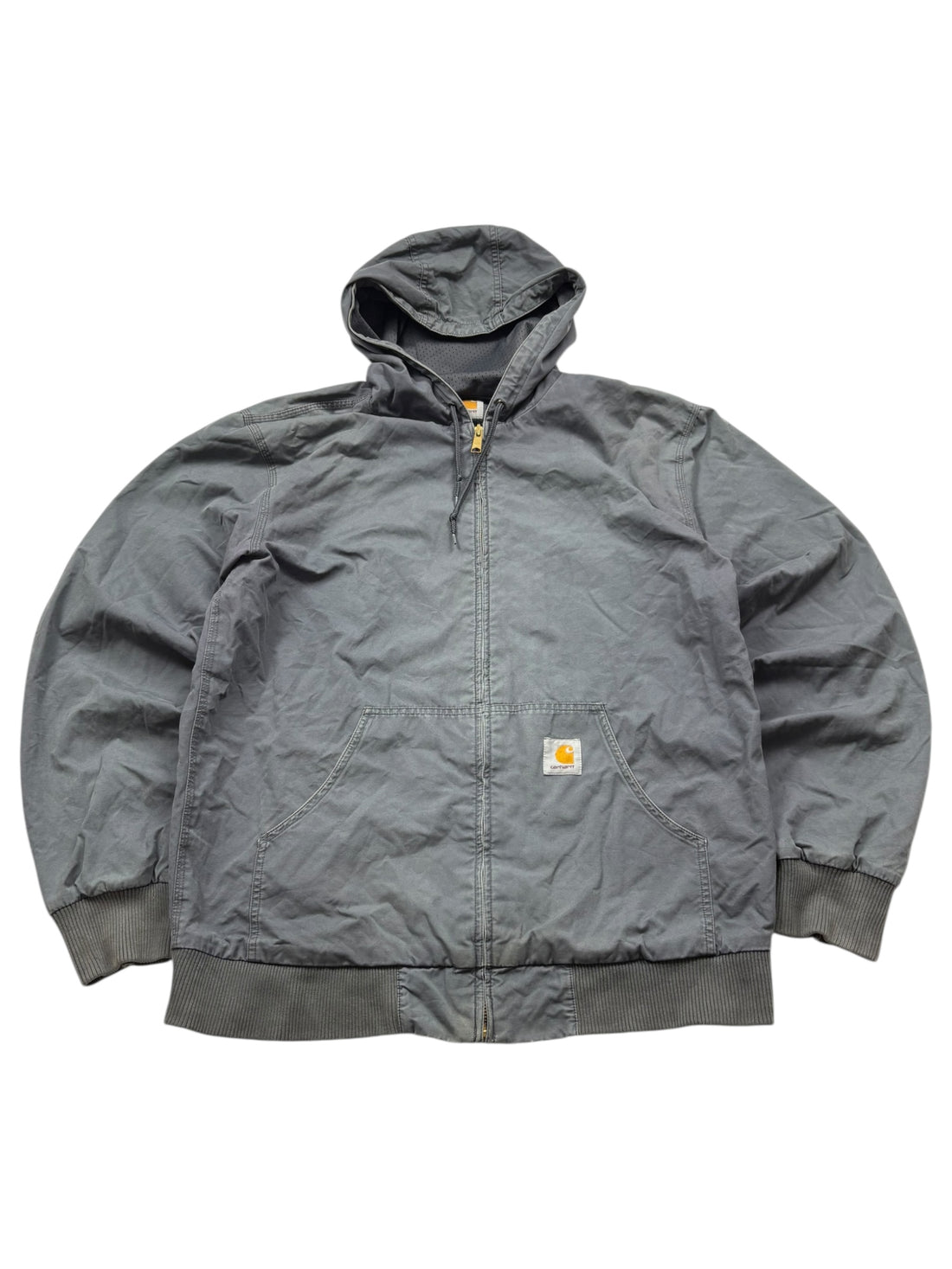 Carhartt Jacke Grau Größe XL – Frontansicht mit Kapuze, Logo Patch und Kängurutasche