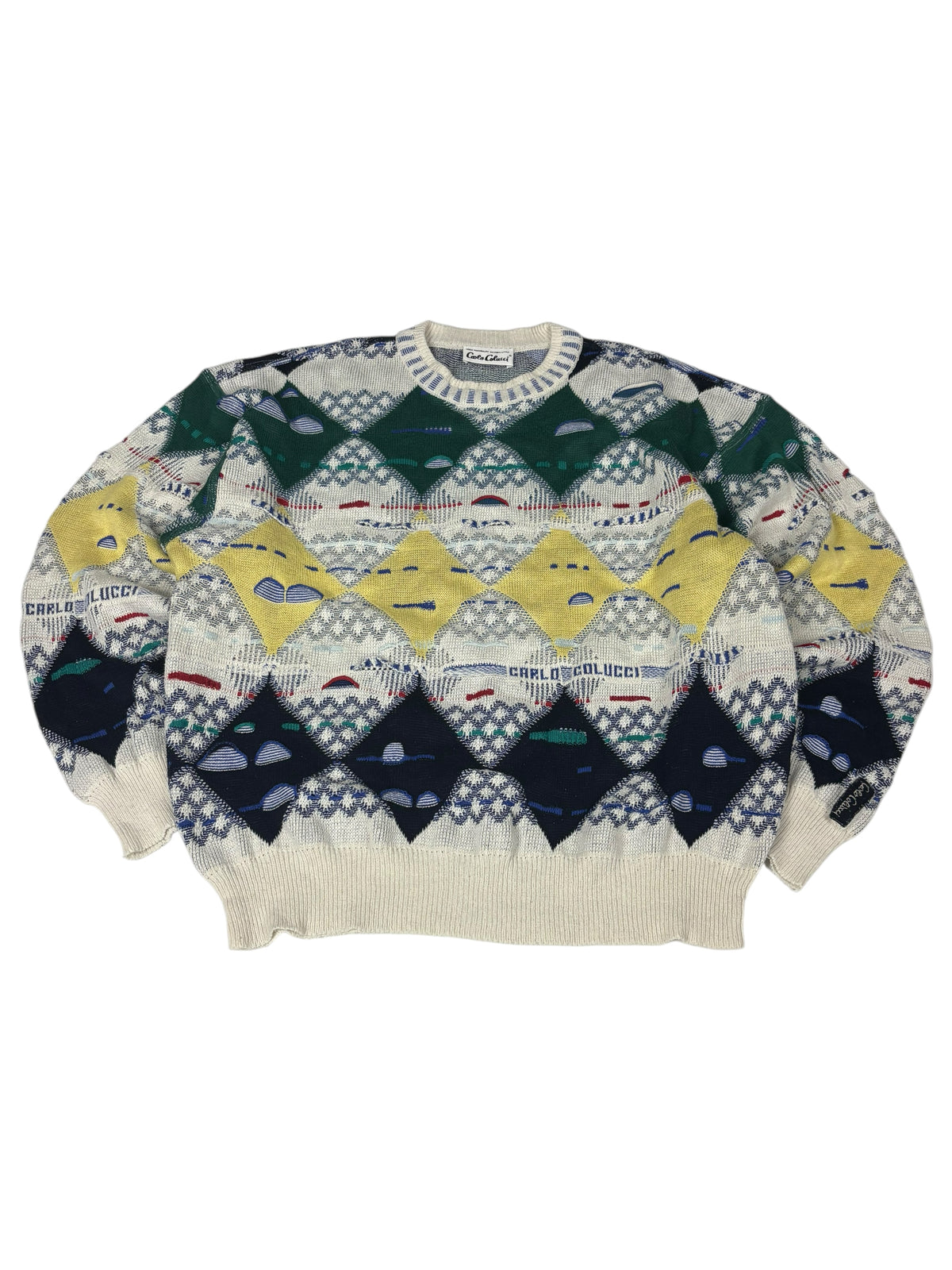 Carlo Colucci 3D Strick Vintage Pullover in Creme und mehrfarbig – Vorderansicht