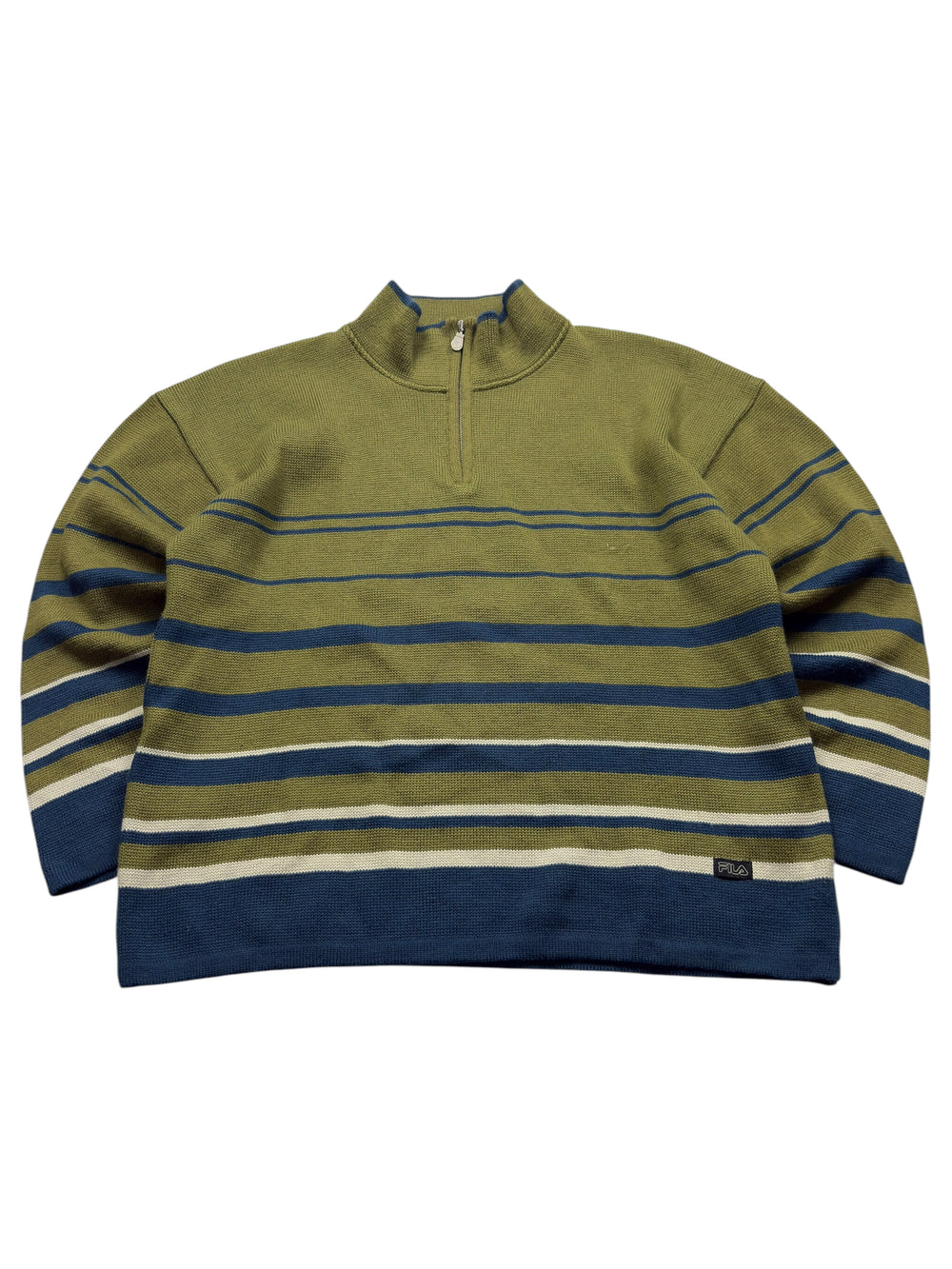 Olivfarbener Fila Vintage Half-Zip Strickpullover mit navyfarbenen und cremefarbenen Streifen