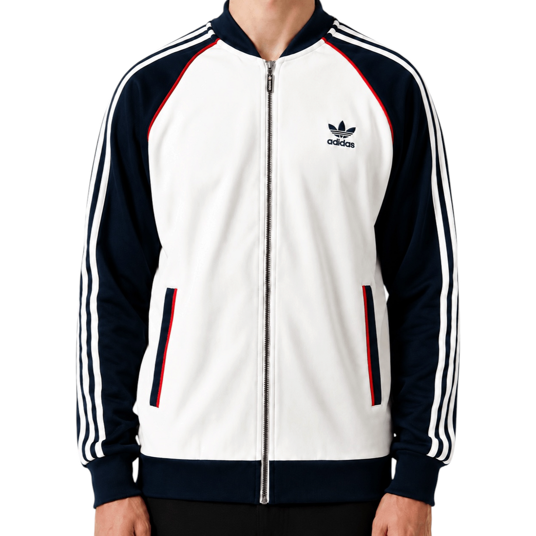 KI-gestütztes Tragebeispiel der Adidas Firebird Trackjacket 2015 Weiß Navy Größe M