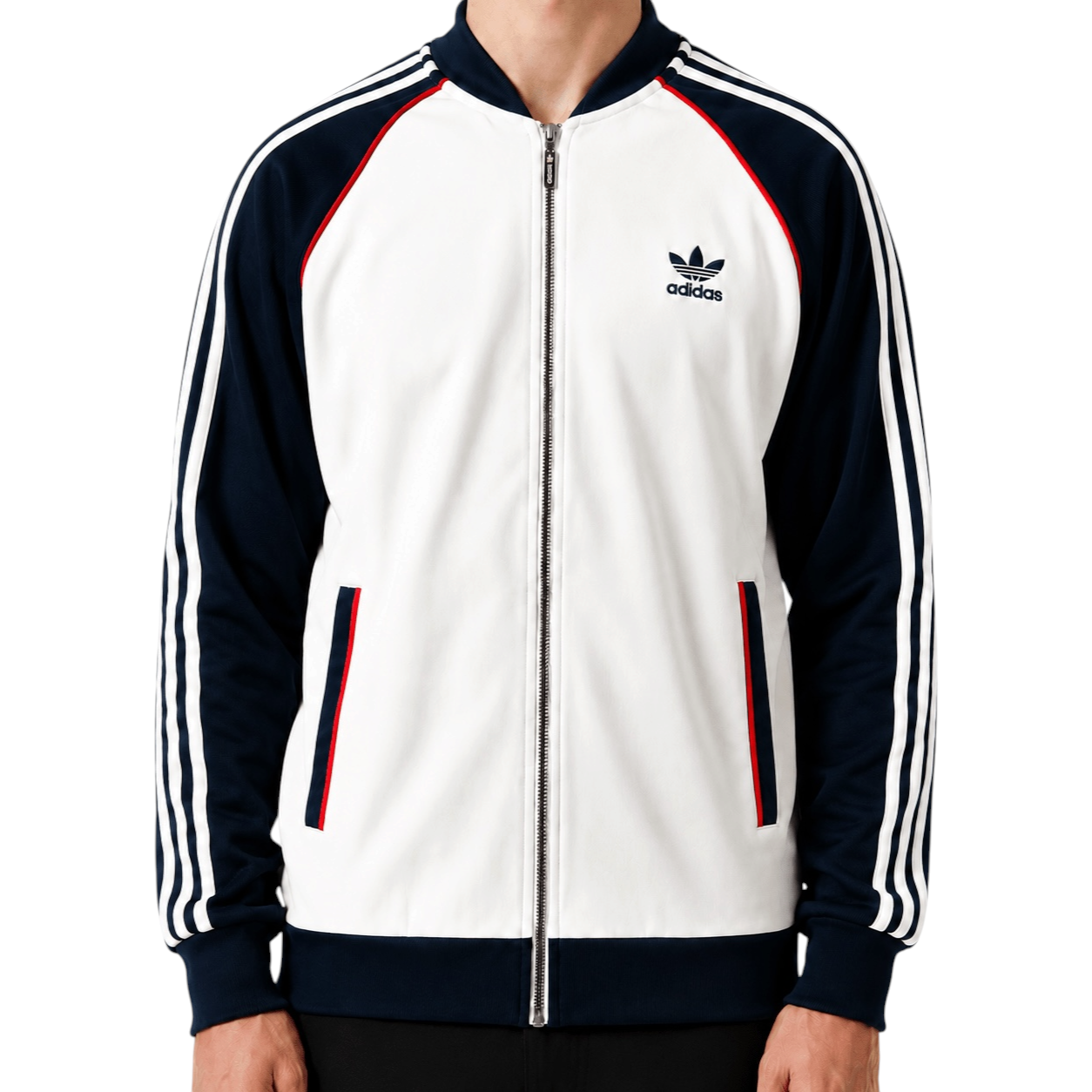 KI-gestütztes Tragebeispiel der Adidas Firebird Trackjacket 2015 Weiß Navy Größe M