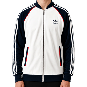 KI-gestütztes Tragebeispiel der Adidas Firebird Trackjacket 2015 Weiß Navy Größe M