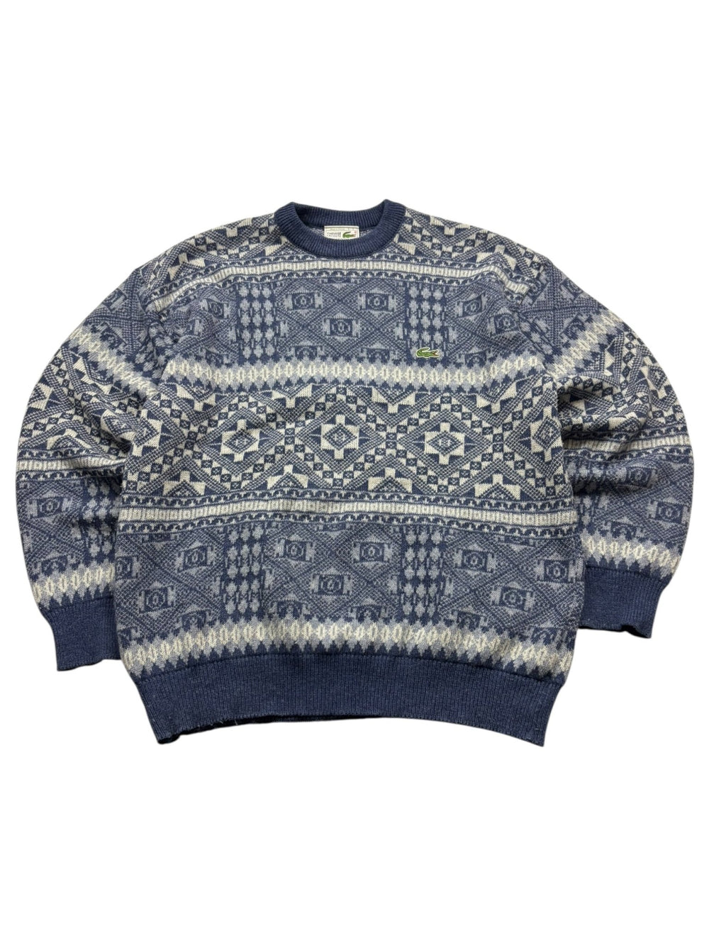 Lacoste Allover - Muster Vintage Strickpullover – Navy/Beige (L) - PKeyVintage