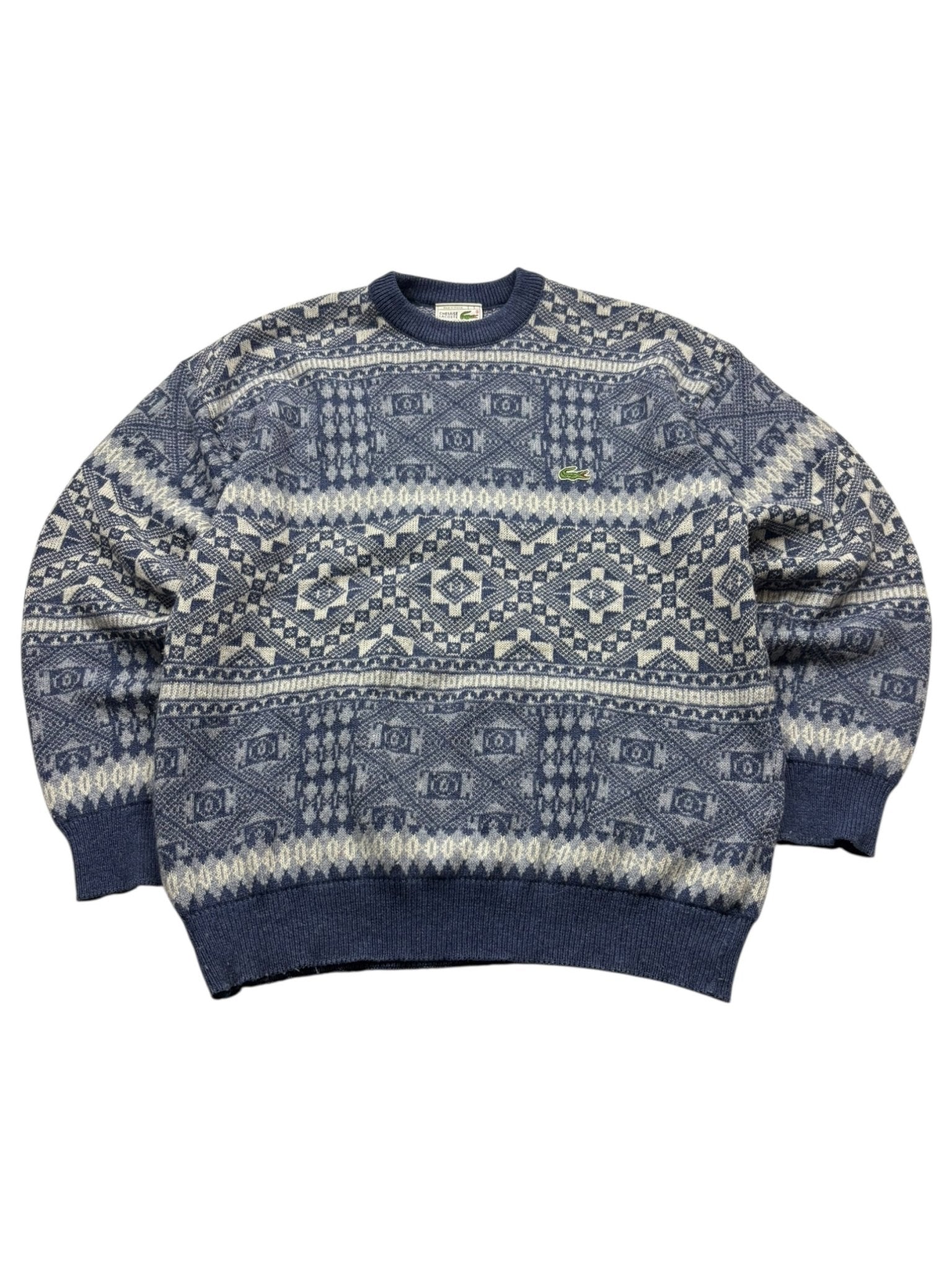 Lacoste Allover - Muster Vintage Strickpullover – Navy/Beige (L) - PKeyVintage