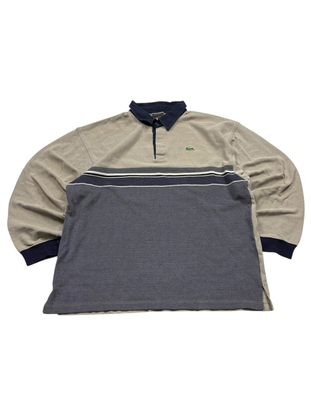 Lacoste Bruststreifen Vintage Langarm - Poloshirt – Beige/Navy (L) - PKeyVintage