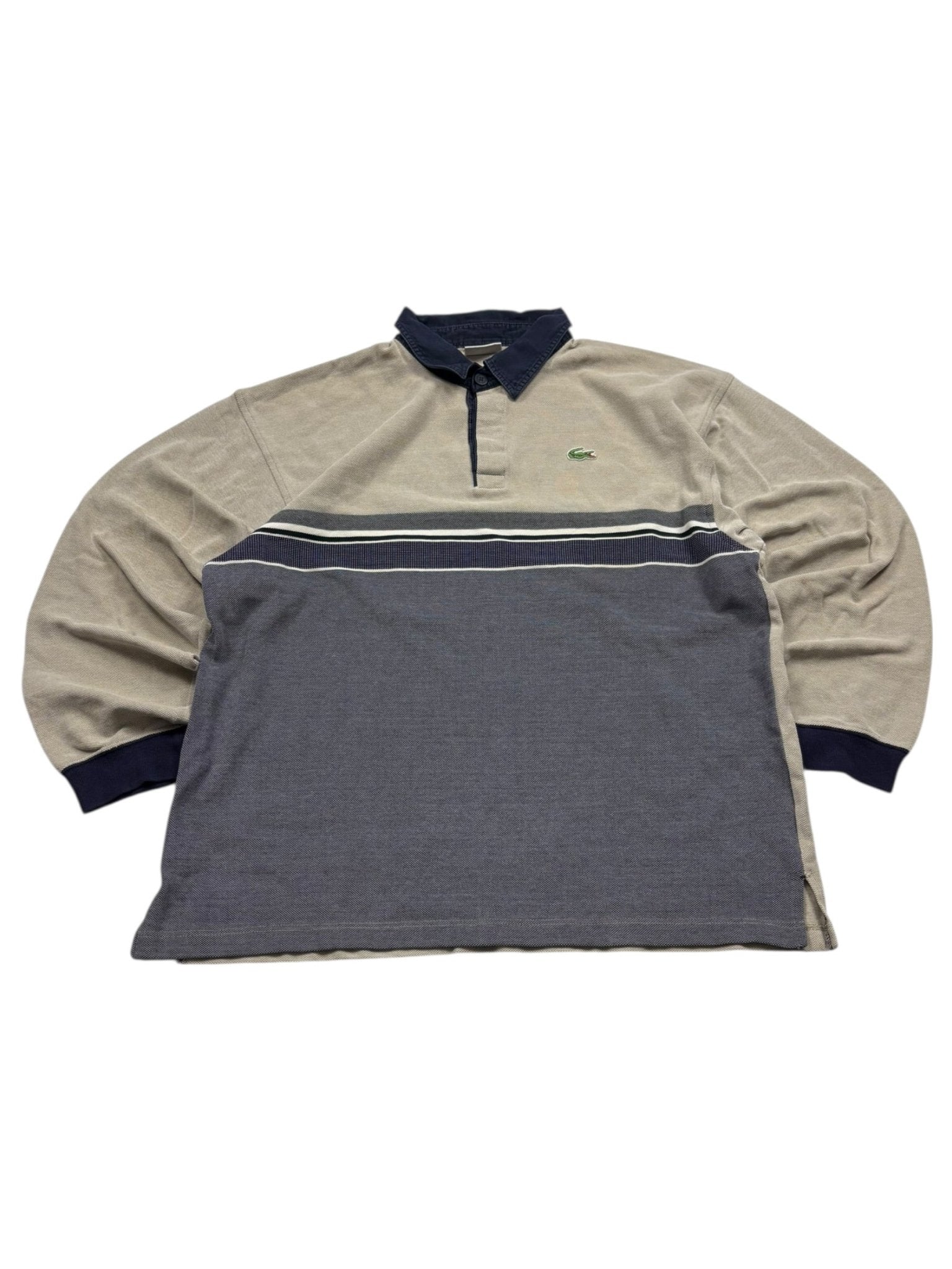 Lacoste Bruststreifen Vintage Langarm - Poloshirt – Beige/Navy (L) - PKeyVintage