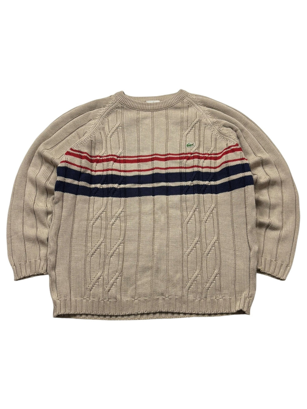 Lacoste Bruststreifen Vintage Strickpullover – Beige (M) - PKeyVintage