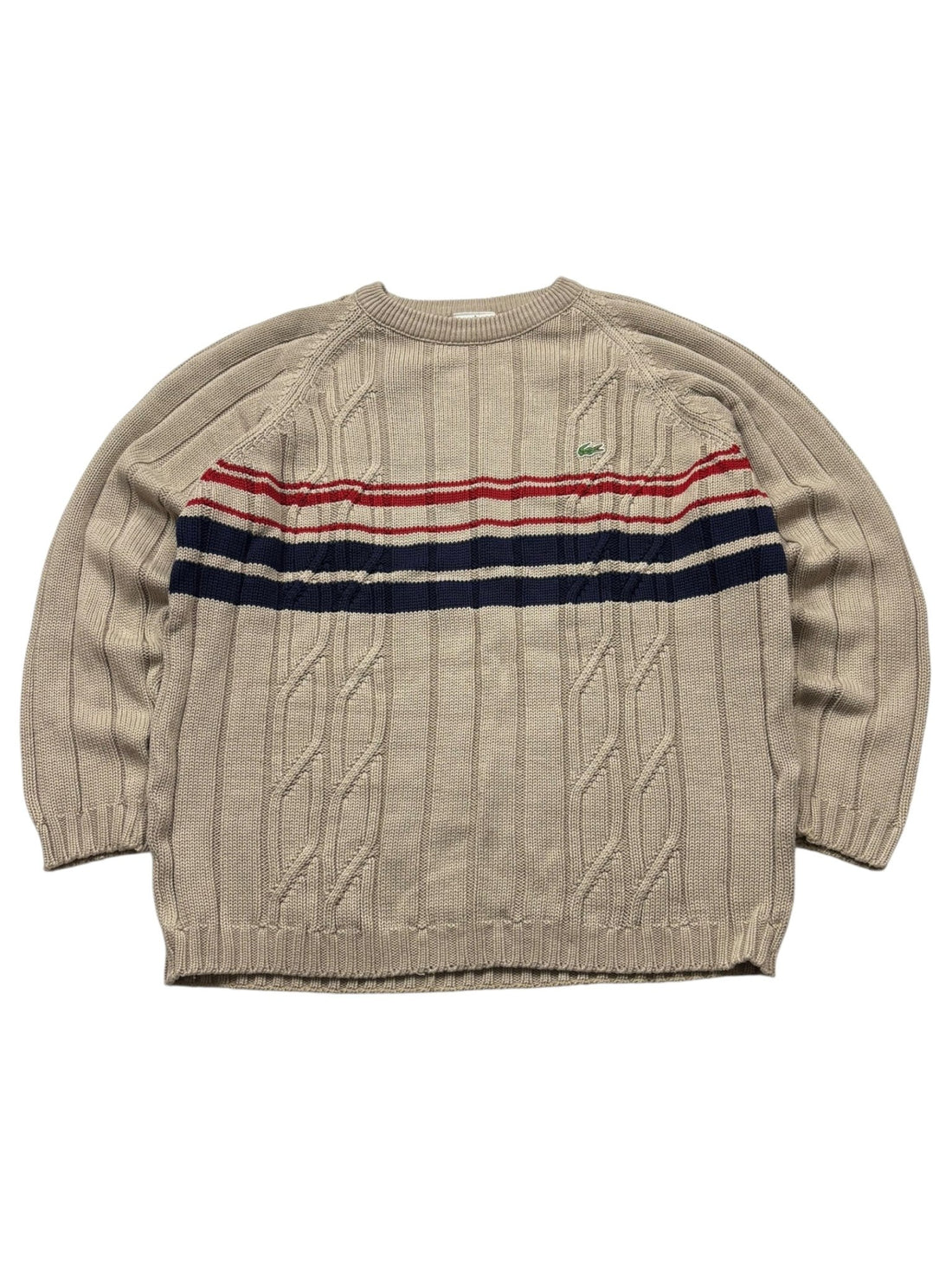Lacoste Bruststreifen Vintage Strickpullover – Beige (M) - PKeyVintage
