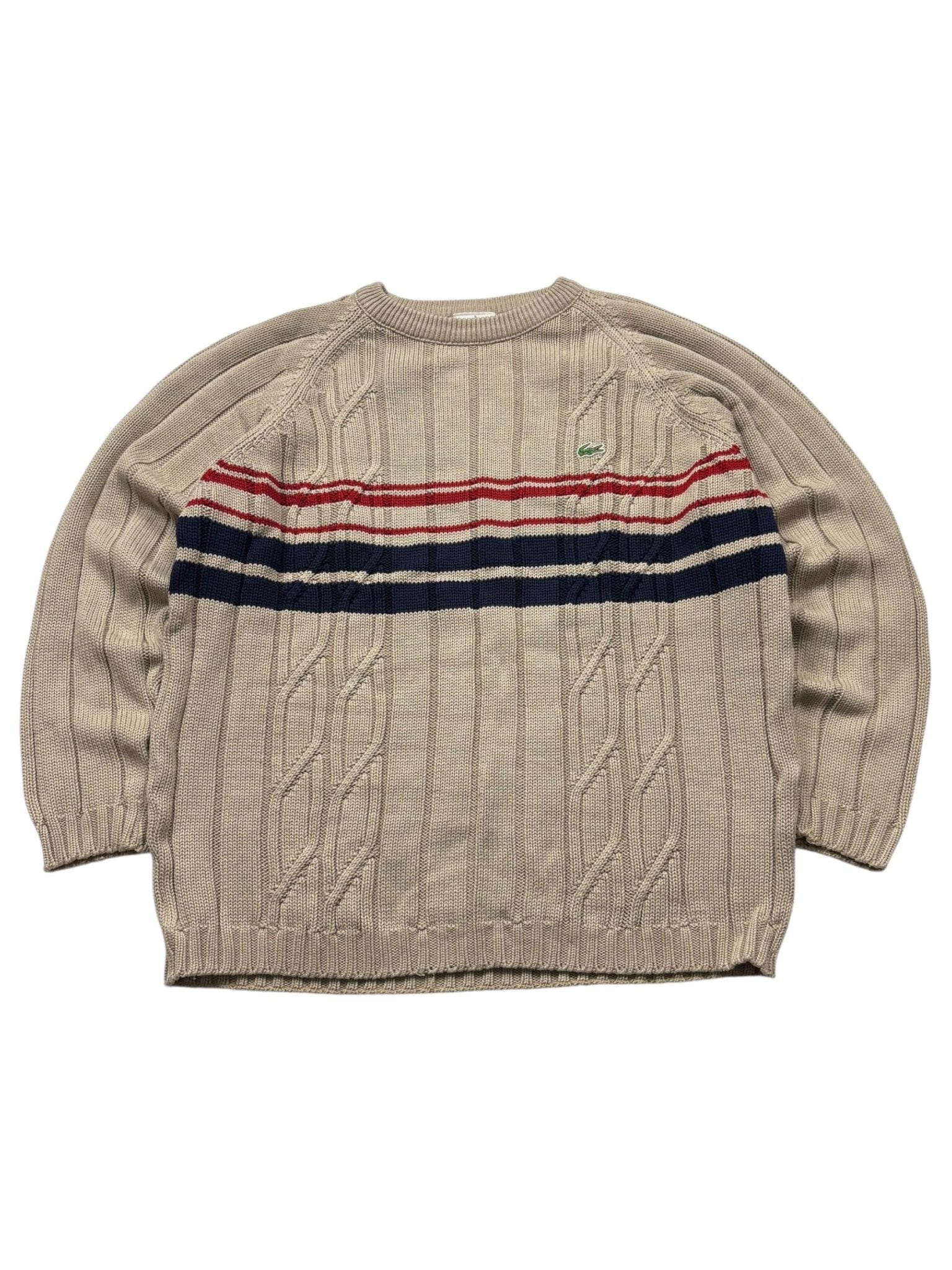 Lacoste Bruststreifen Vintage Strickpullover – Beige (M) - PKeyVintage