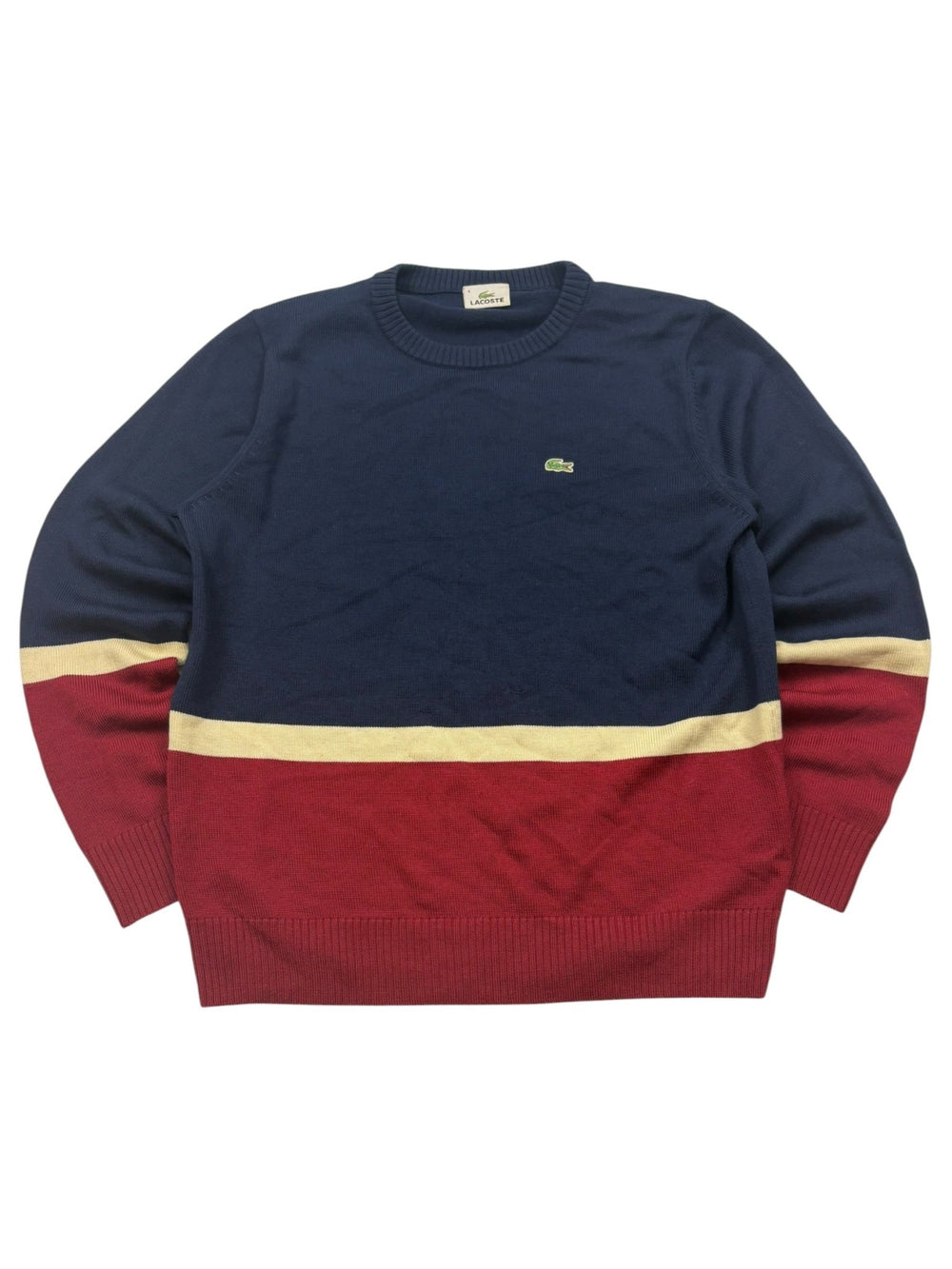 Lacoste Bruststreifen Vintage Strickpullover – Navy/Bordeaux (M) - PKeyVintage