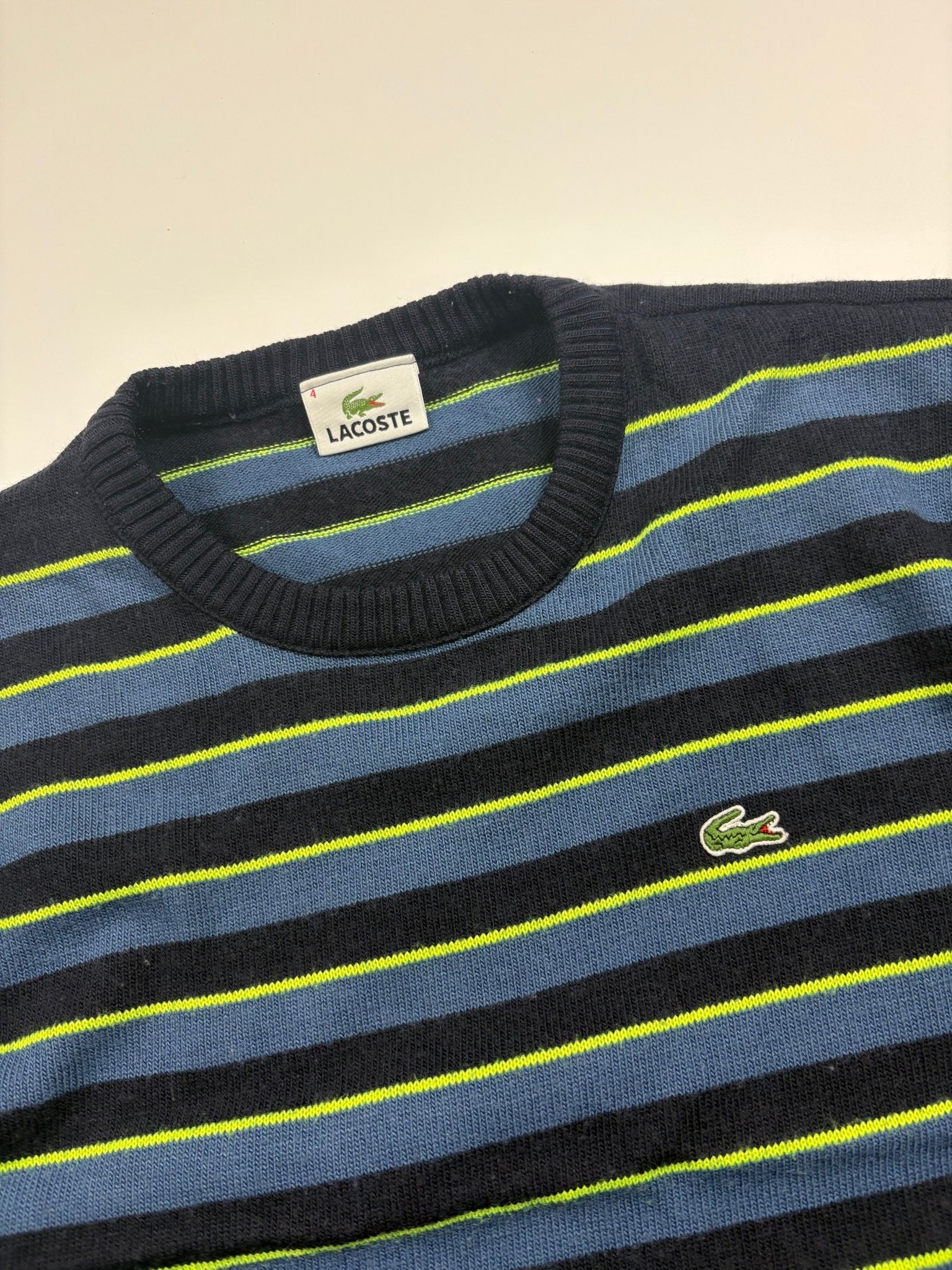 Lacoste Neon - Streifen Vintage Strickpullover – Navy/Blau (M) - PKeyVintage